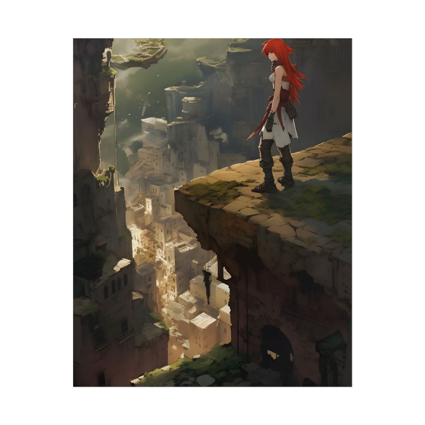 Anime Birds Eye View: Red Haired Female in Action Fantasy Scene - Poster
