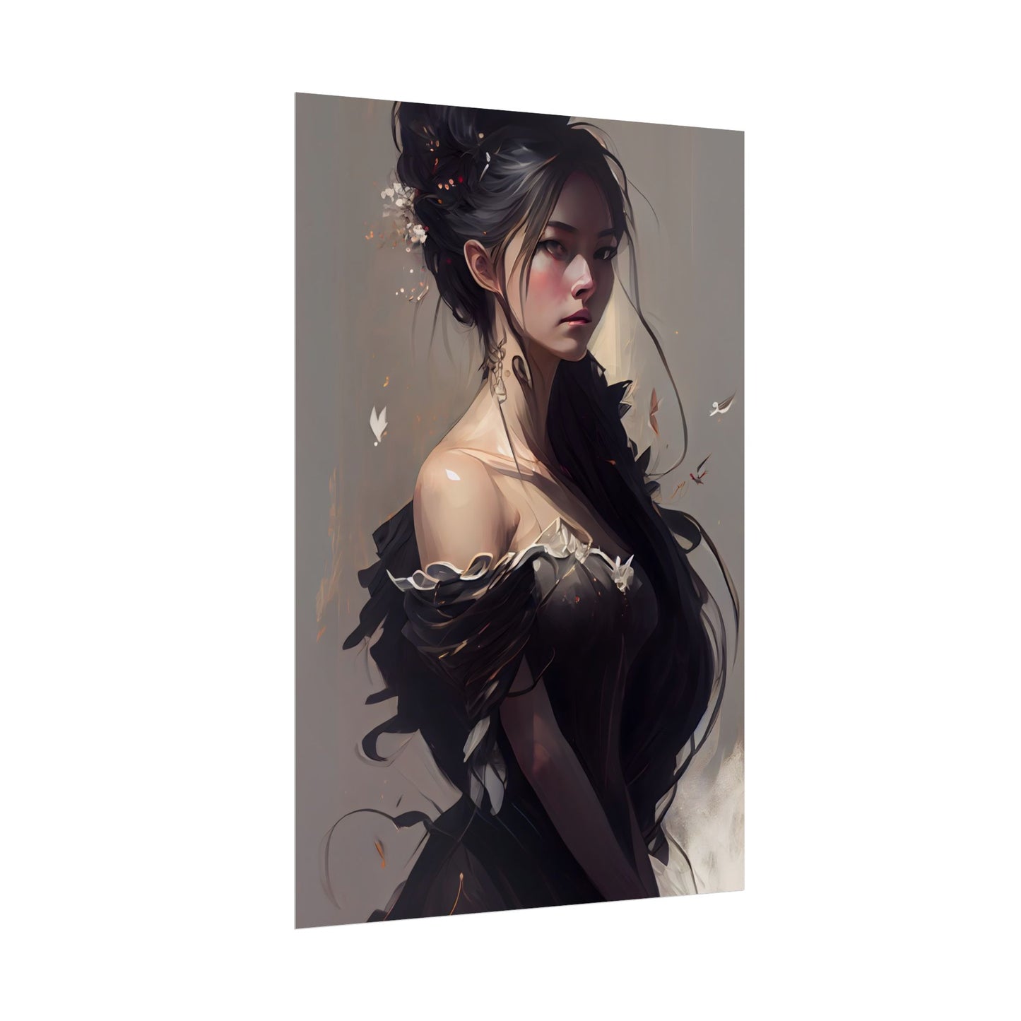 Elegant Black Hair Portrait: Beautiful Female in Dress Art - Poster