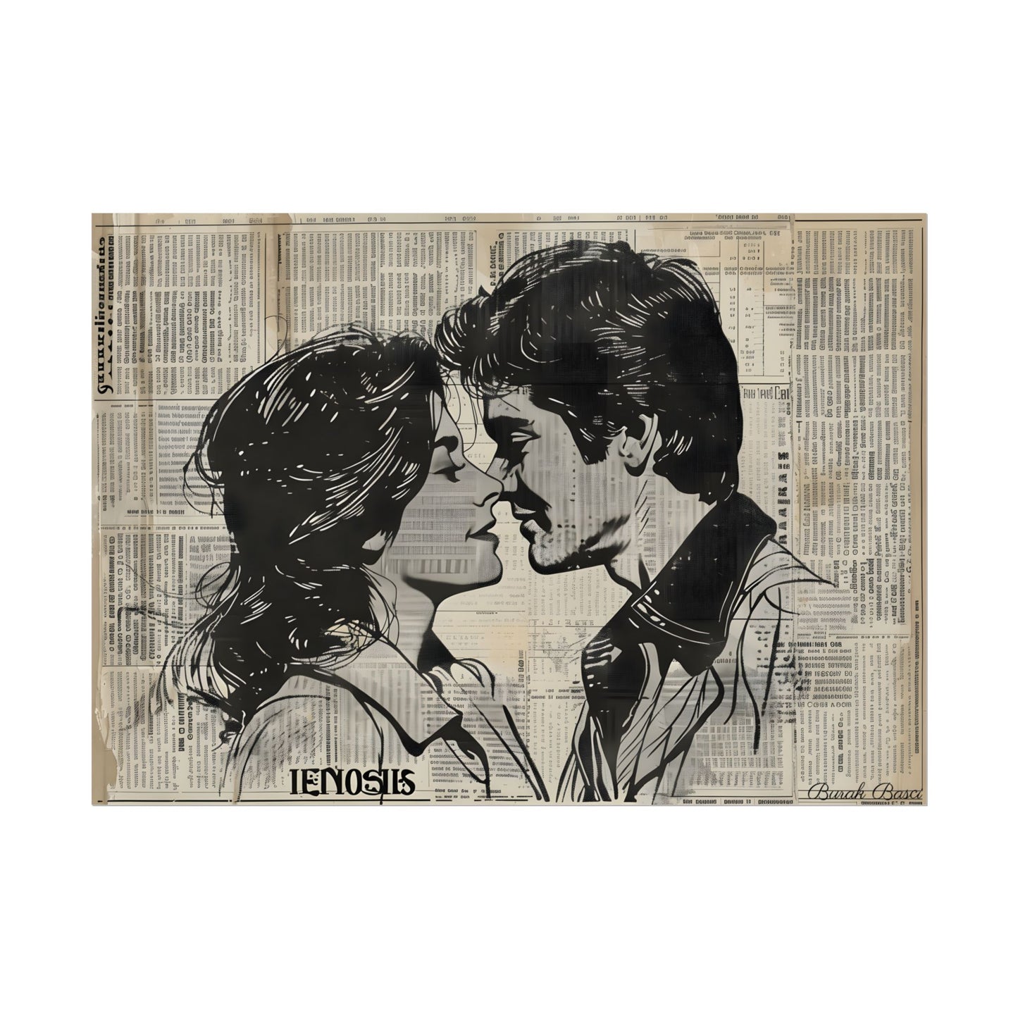 Vintage Romance Couples: Timeless Newsprint Art - Poster