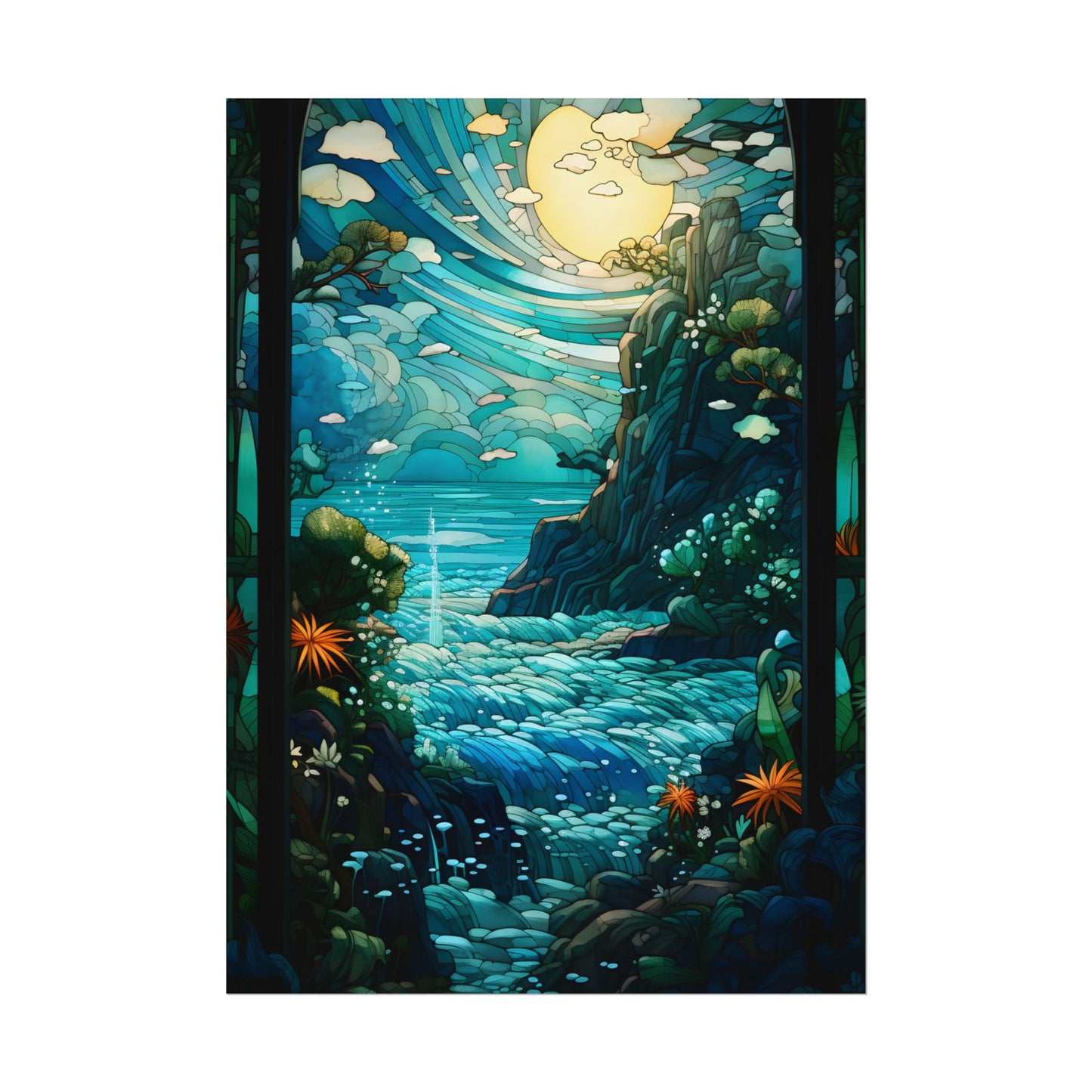 Medieval Stained Glass Church Art: Vibrant Religious Figures - Poster