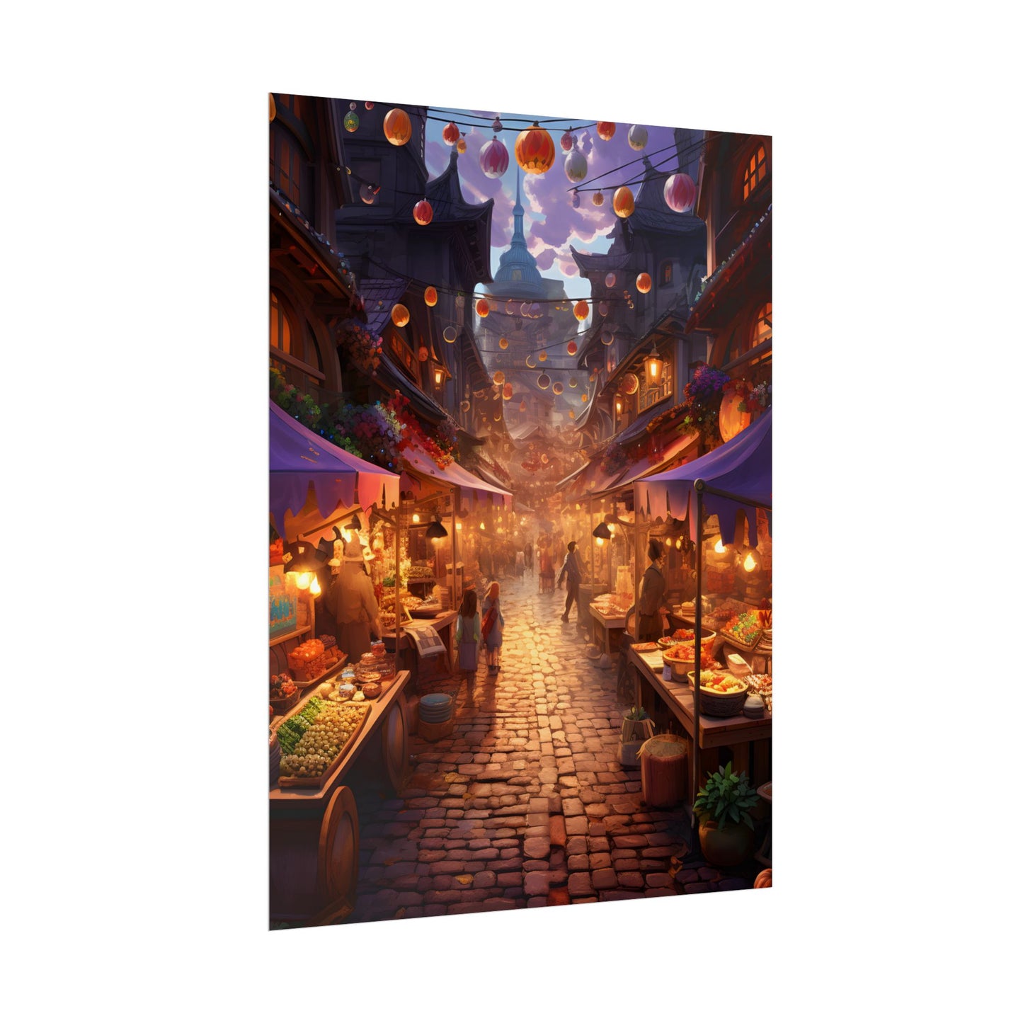 Magical Street Food Market: Vibrant Enchanted Scene Art - Poster