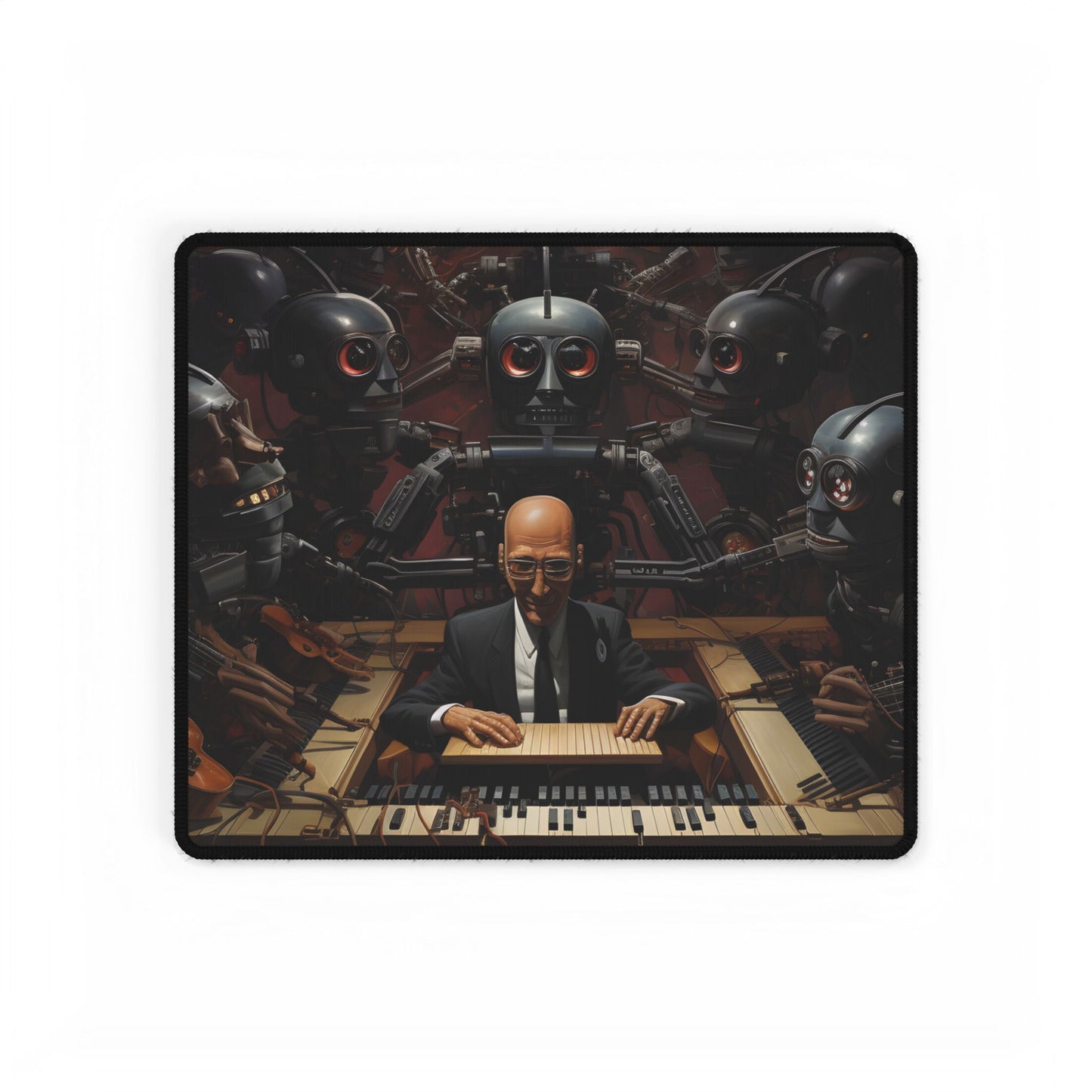 Robot Symphony: 6 Sentient Robots in Harmony - Desk Mat