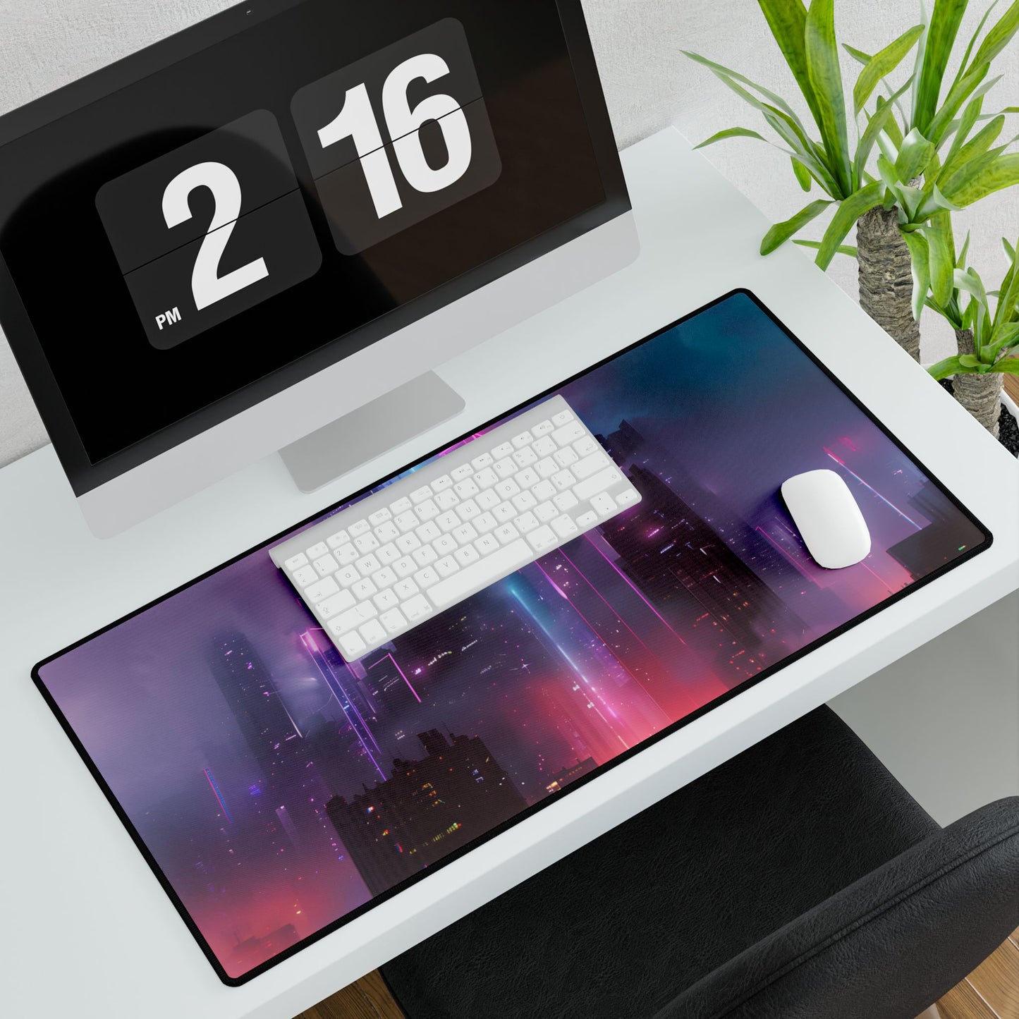 Futuristic Cityscape: Neon Dreams in the Urban Sky - Desk Mat