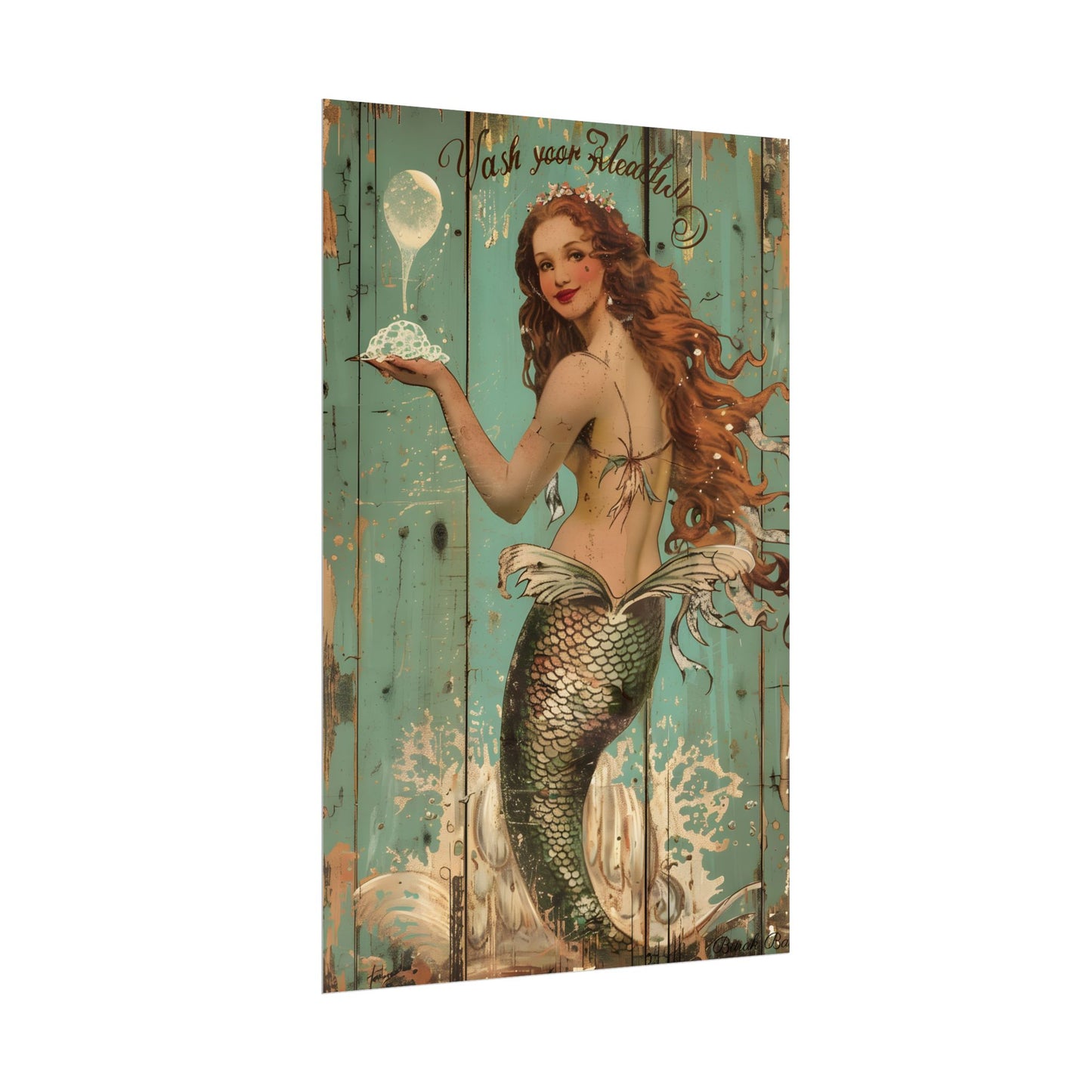 Whimsical Vintage Mermaid: A Soap Bubble Serenade - Poster