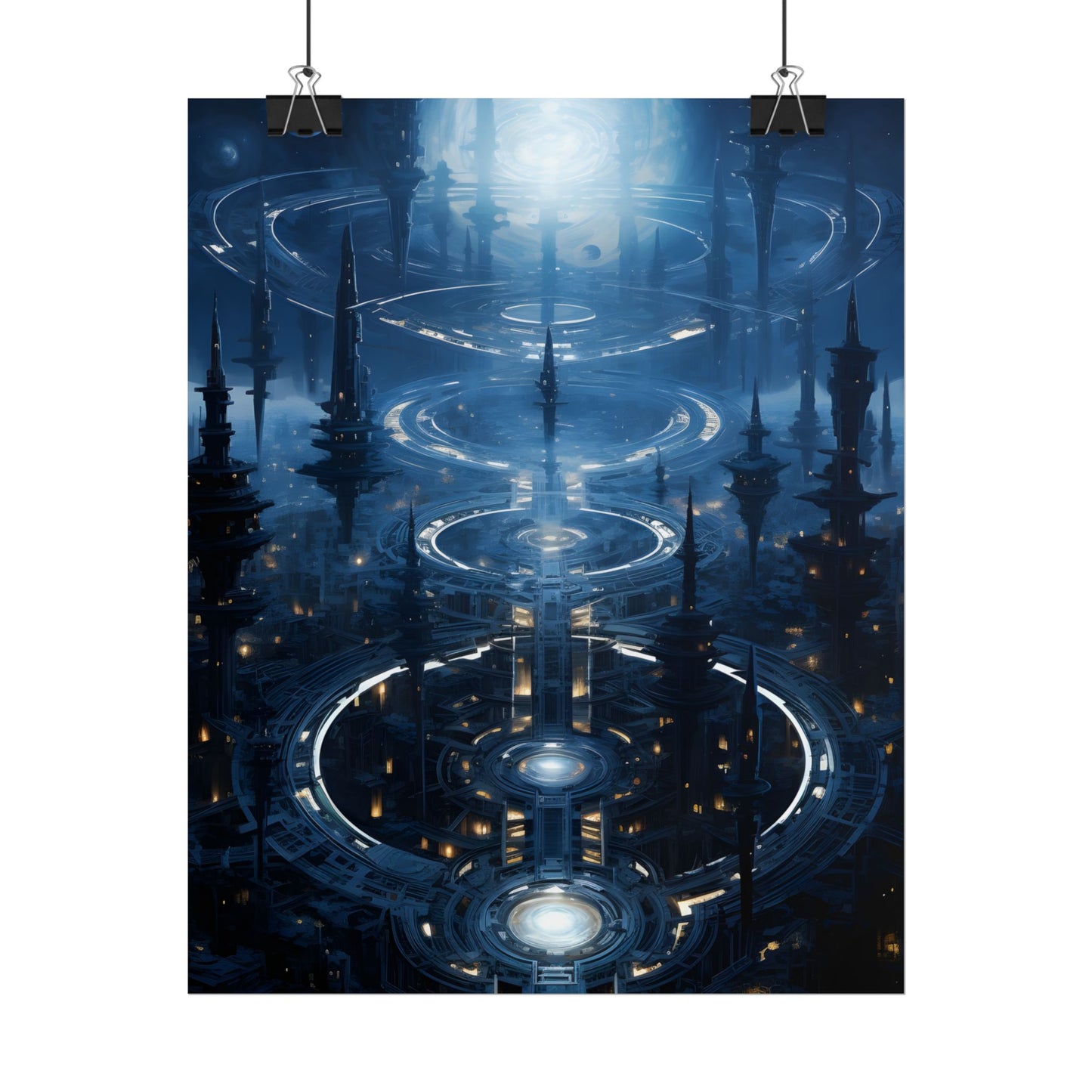 Aetherial Space Station: Galactic Hub in Vibrant Blue Nebula - Poster