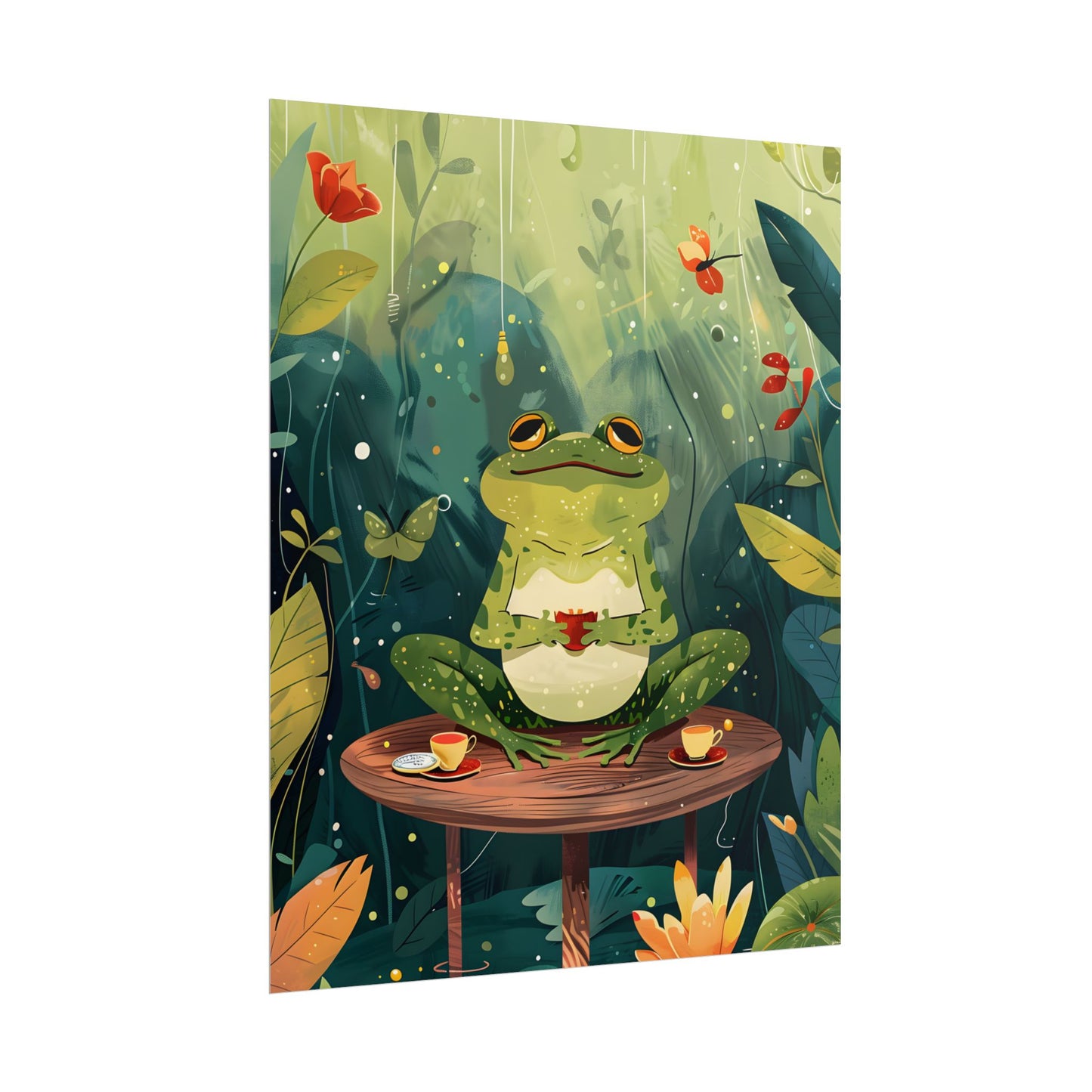 Whimsical Frog on Water: Playful Lily Pad Illustration - Poster