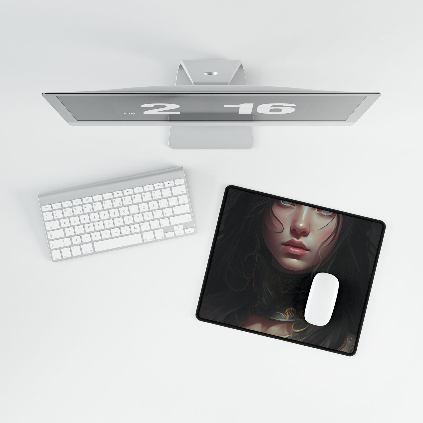 Vibrant Red Portrait: Dynamic Female Artwork - Desk Mat