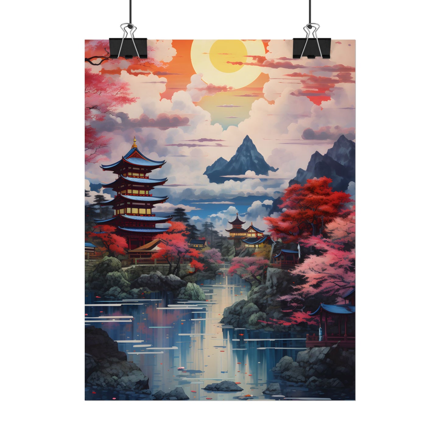 Wonderful Japanese River Scene with Serene Flowers - Poster