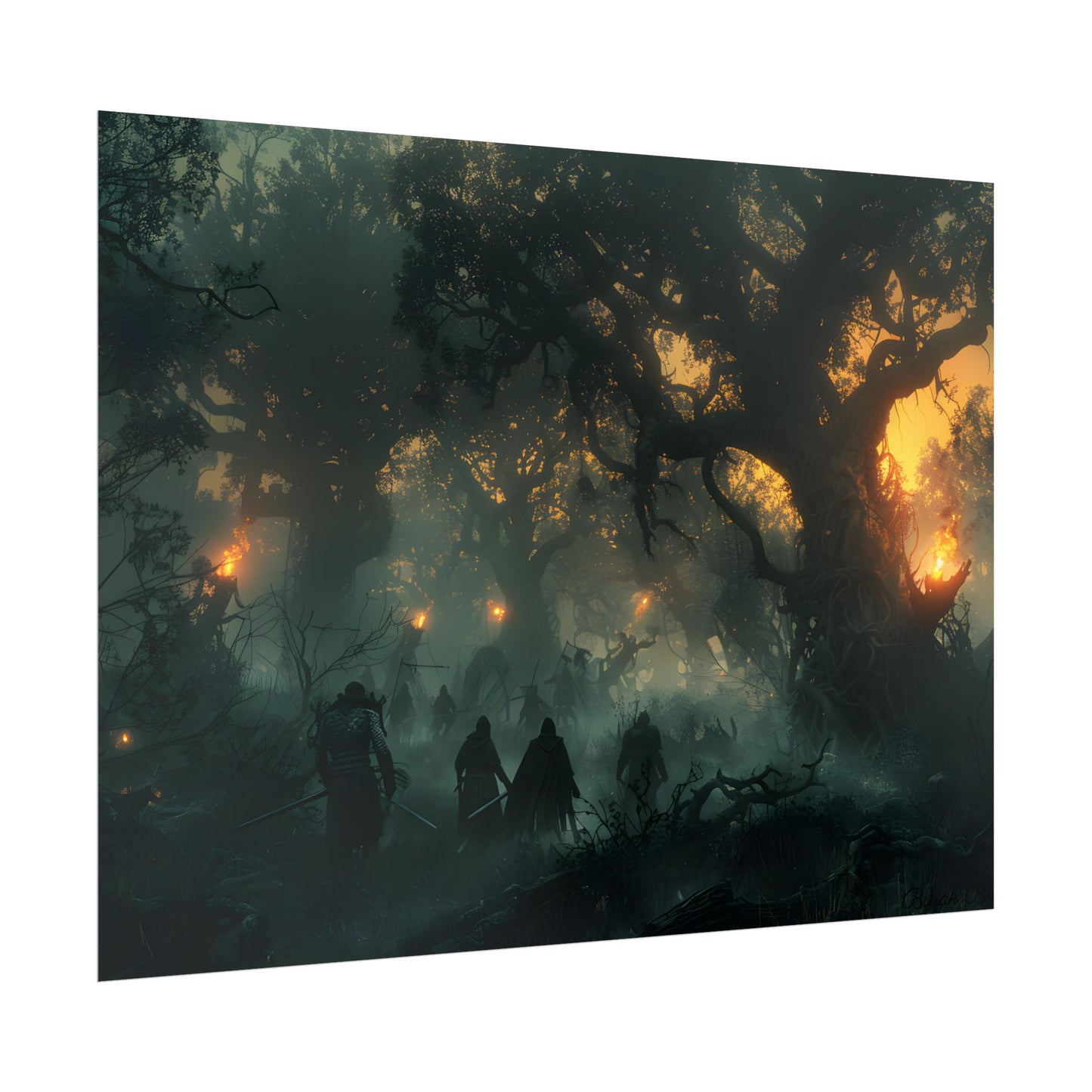 Serene Forest Sunset: Peaceful People's Journey - Poster
