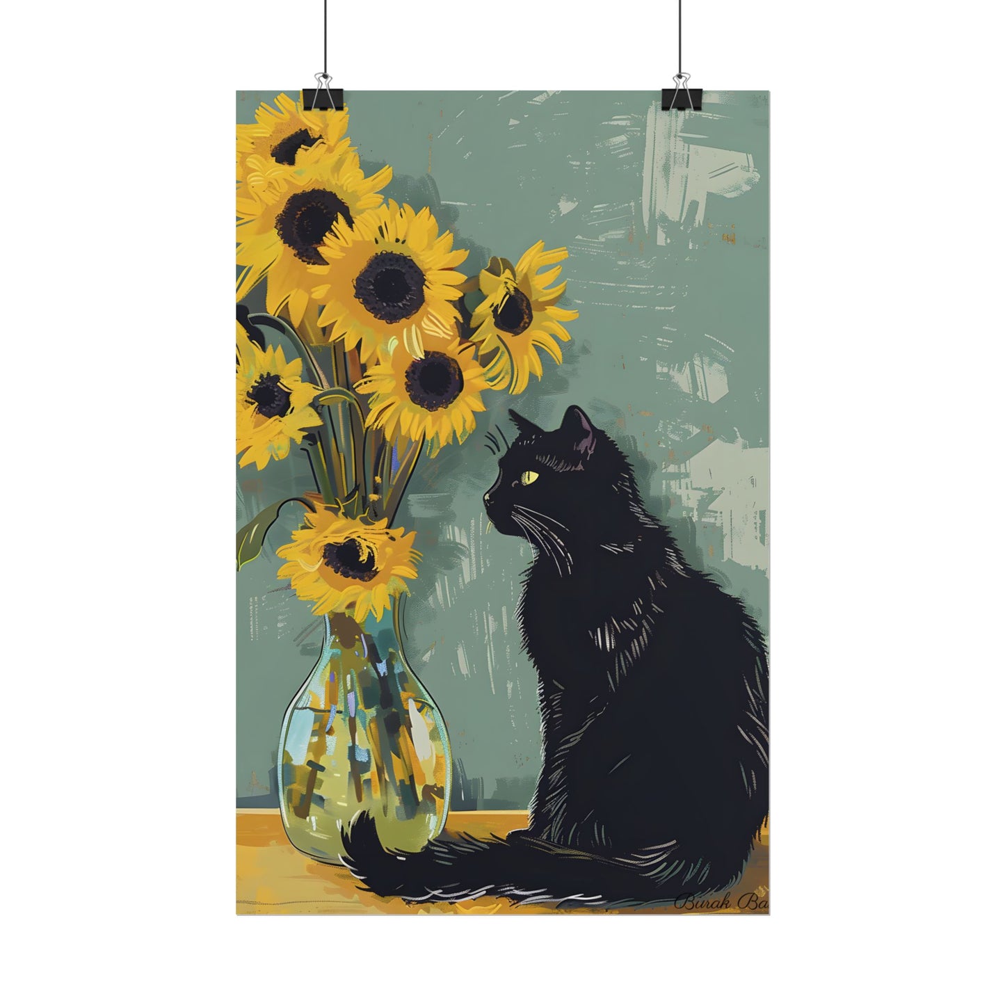 Whispers in the Sun: A Black Cat's Serene Moment with Sunflowers - Poster