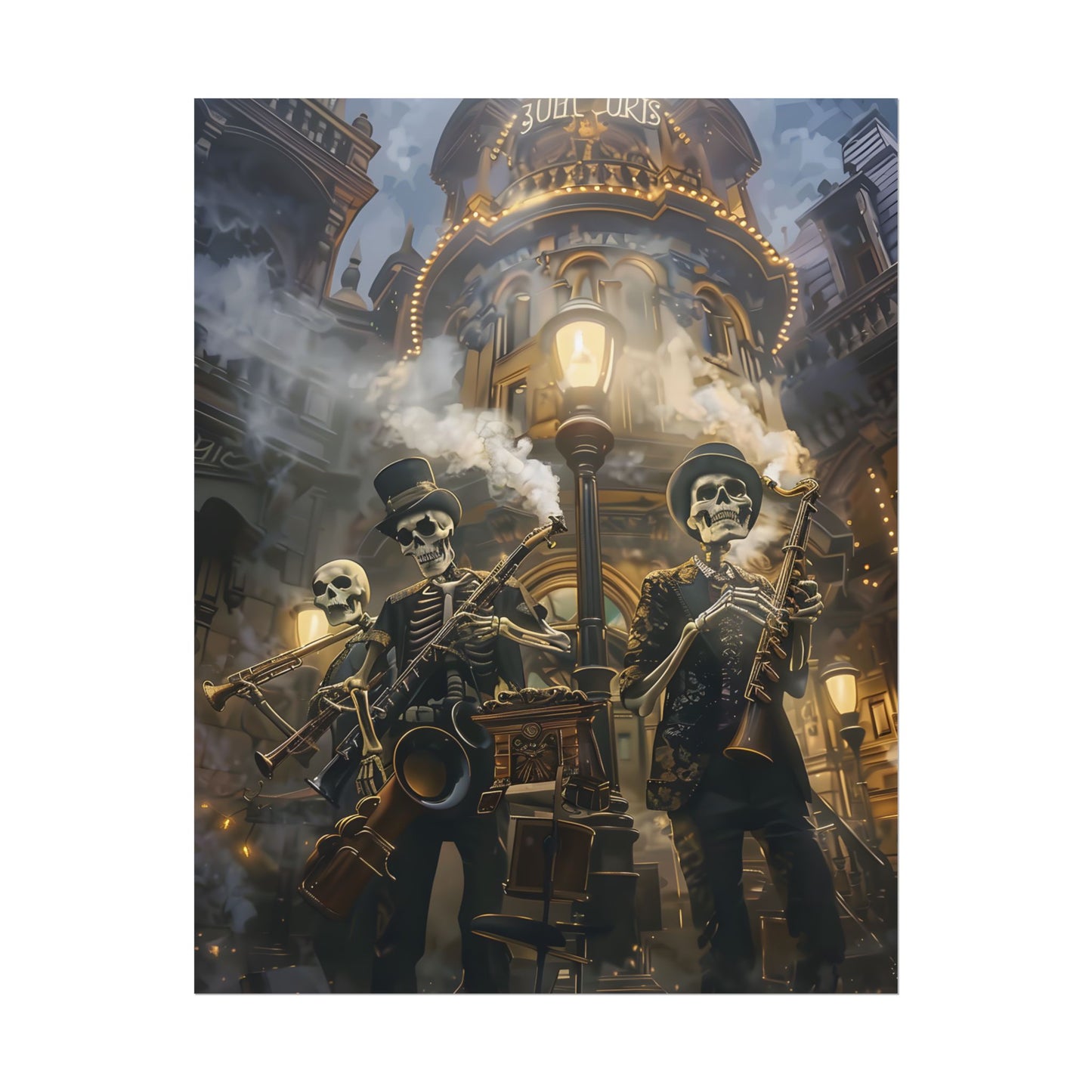 Victorian Skeleton Jazz Band: Nostalgic Lowbrow Art Piece - Poster