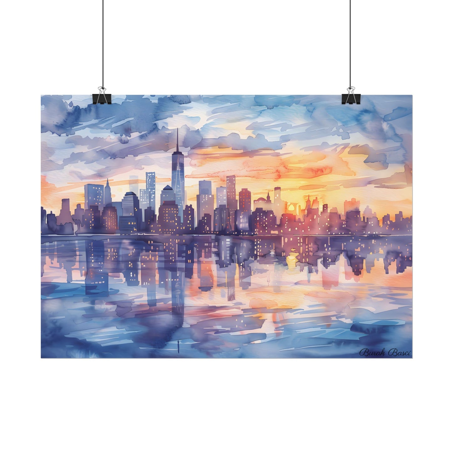 Watercolor New York City Sunset Skyline: Artistic NYC View - Poster