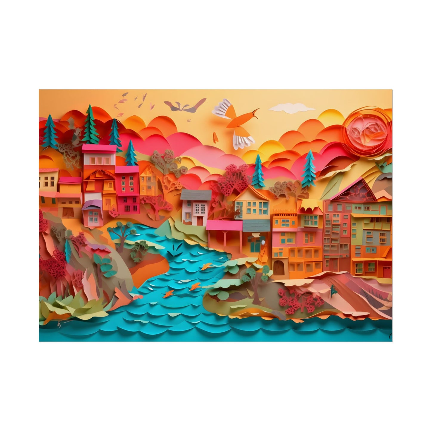 Magical Beach Quill: Vibrant Paper Art of Tropical Paradise - Poster