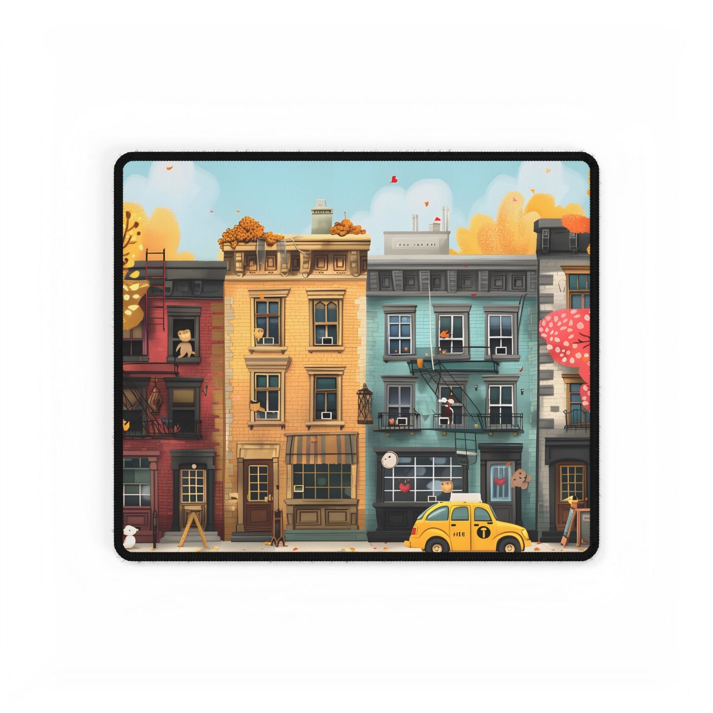 Whimsical Wonder: Playful Yellow Building Illustration - Desk Mat