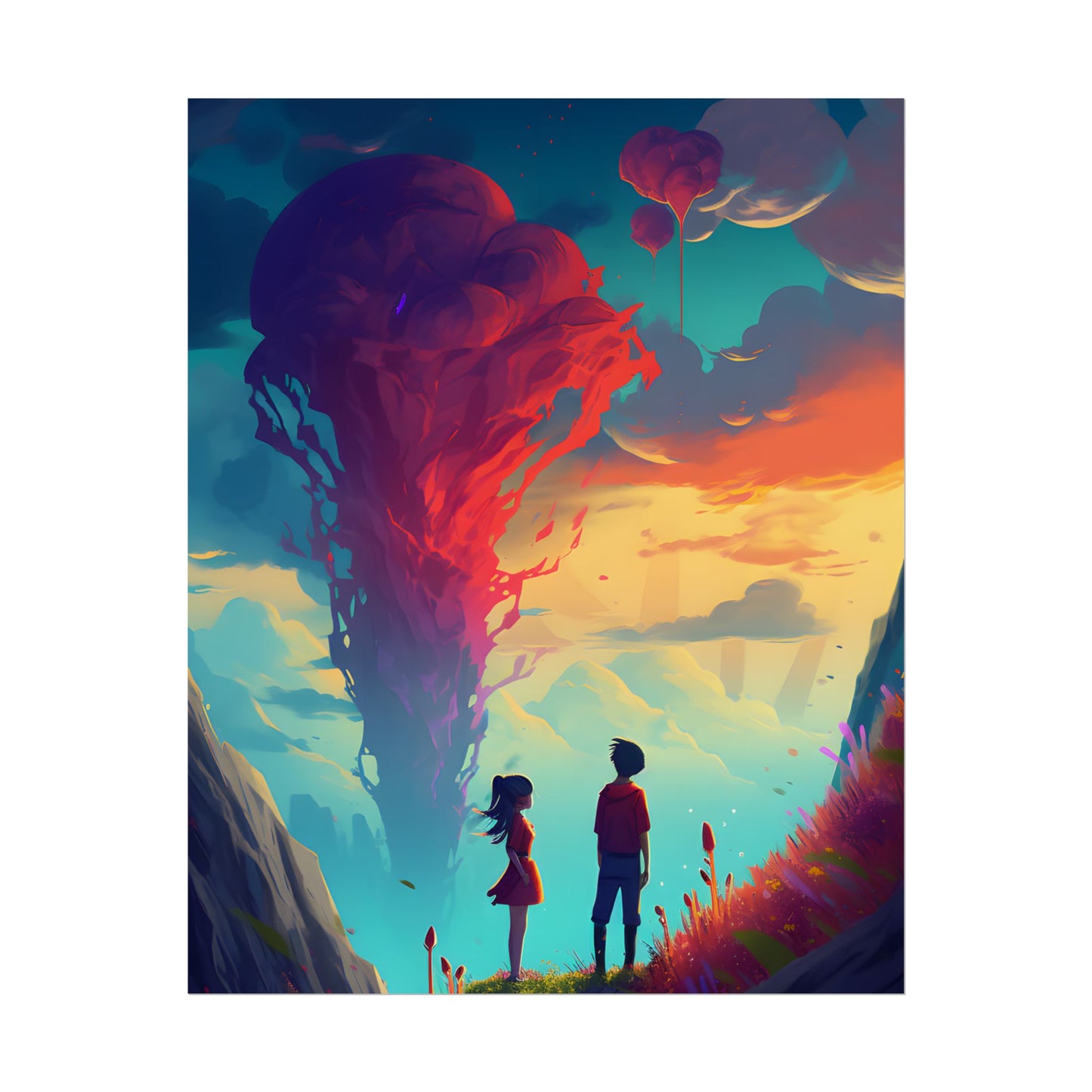 Peaceful Meadow Moment: A Girl and a Boy in Nature - Poster
