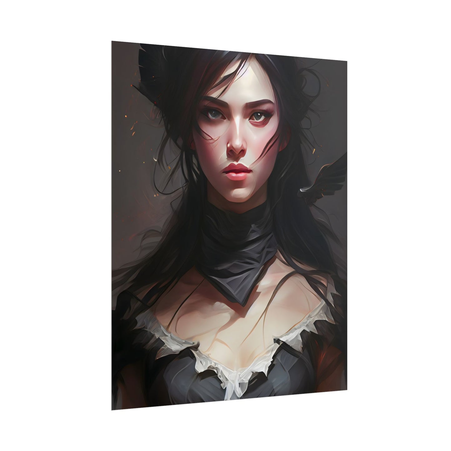 Female Portrait: Black Hair Artwork in Dark Background - Poster