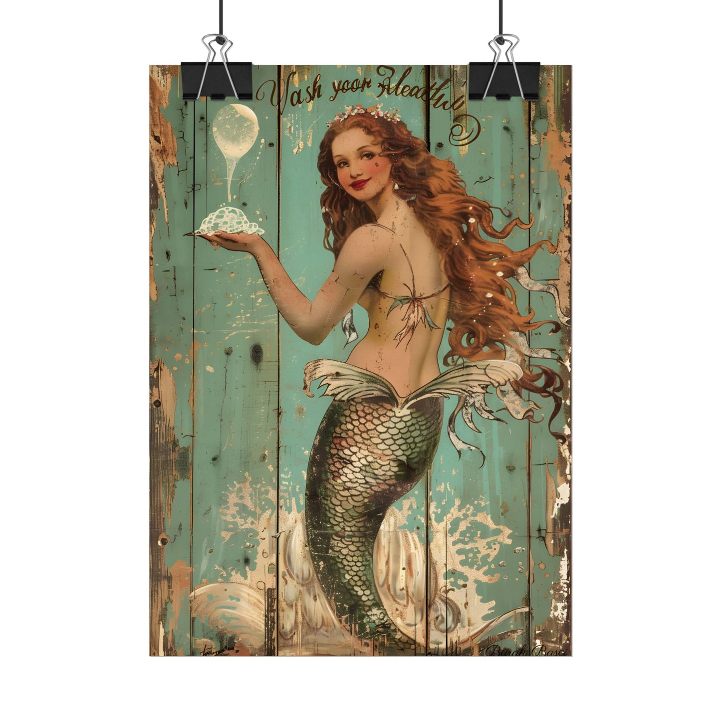Whimsical Vintage Mermaid: A Soap Bubble Serenade - Poster