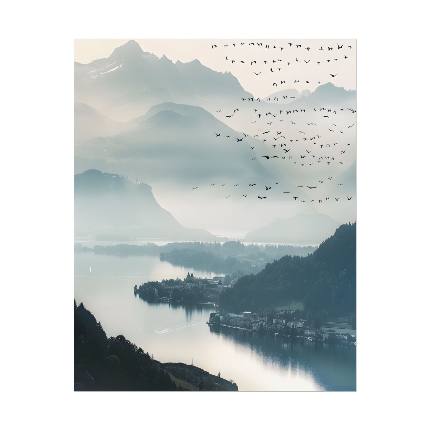 Serene Mountain Landscape: Bird's Eye View Art - Poster