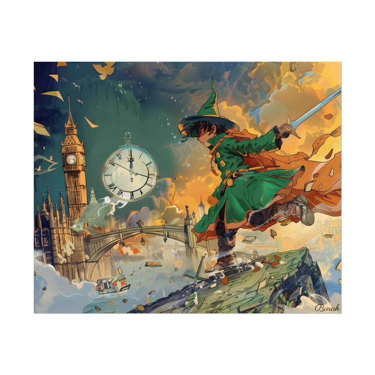 Whimsical Green Tunic Boy: Mischievous Illustration - Poster