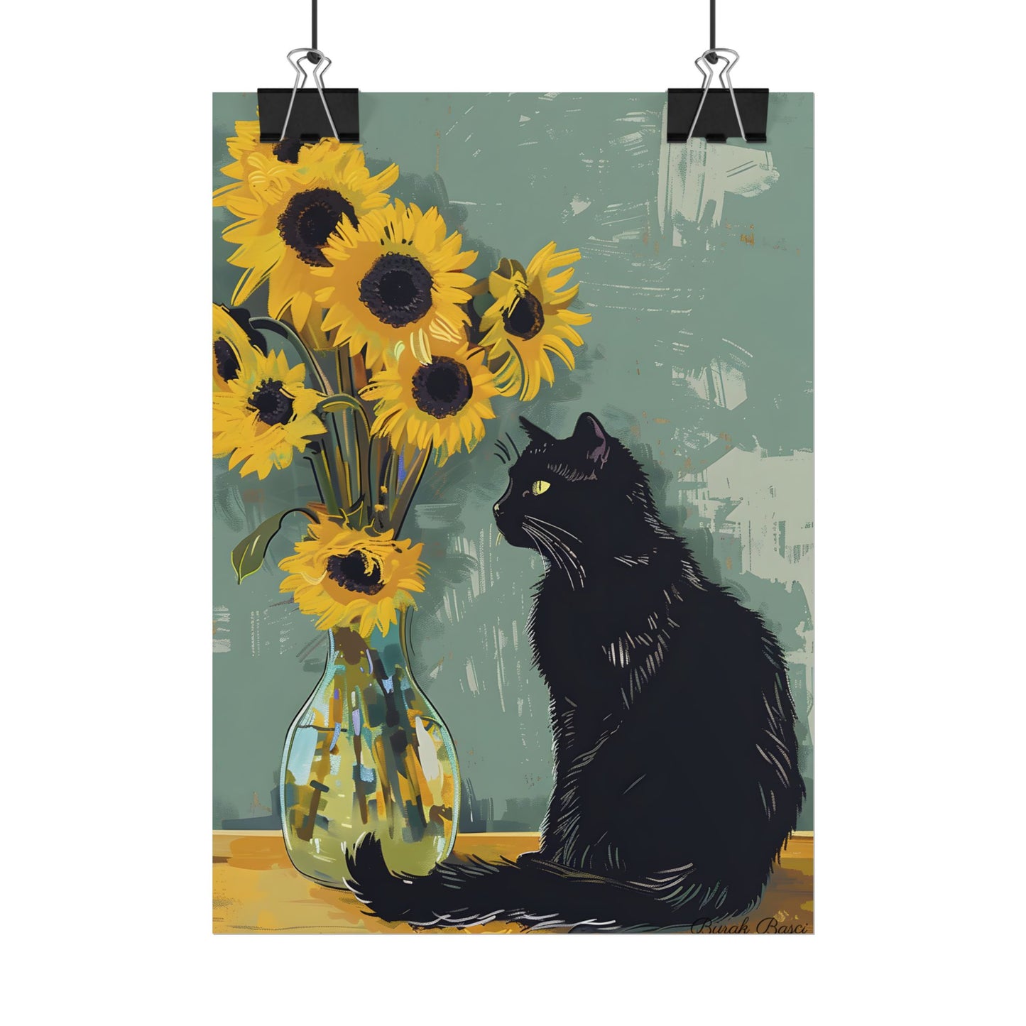 Whispers in the Sun: A Black Cat's Serene Moment with Sunflowers - Poster