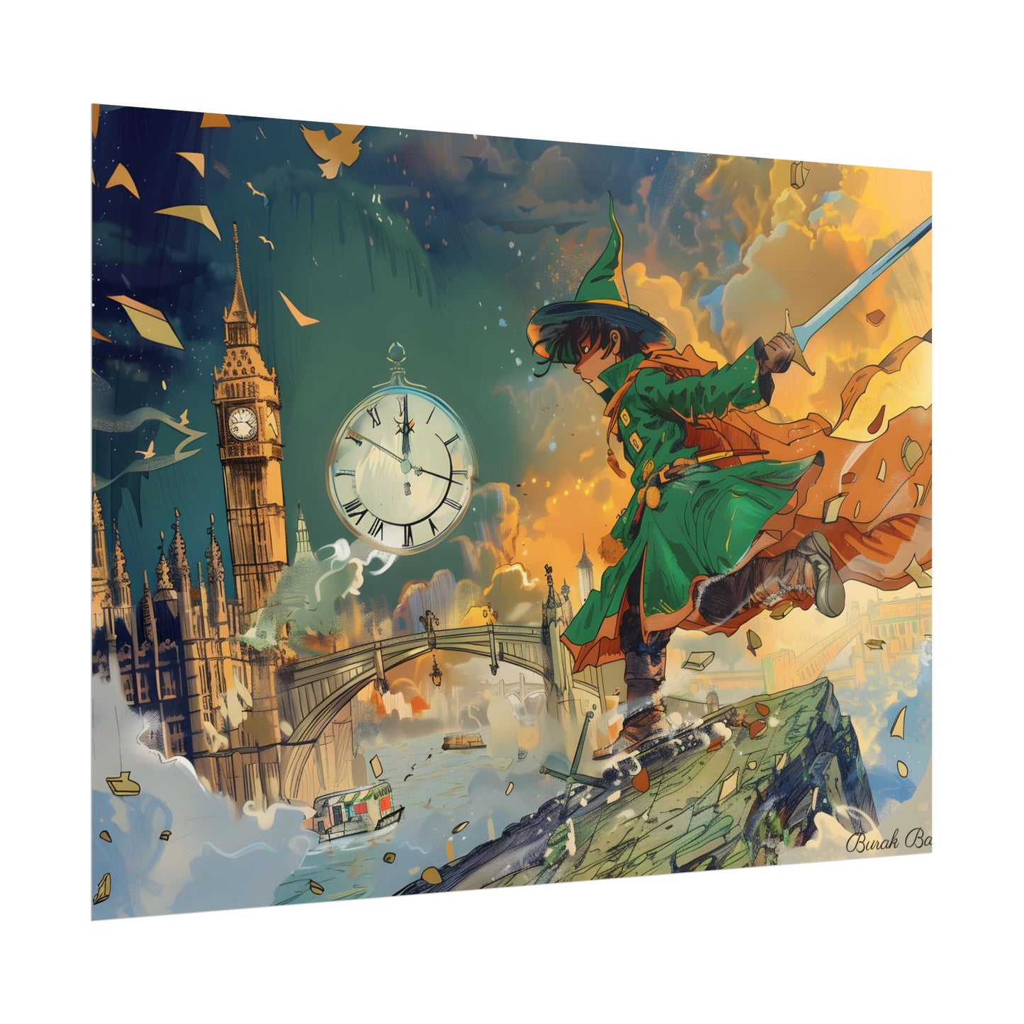 Whimsical Green Tunic Boy: Mischievous Illustration - Poster