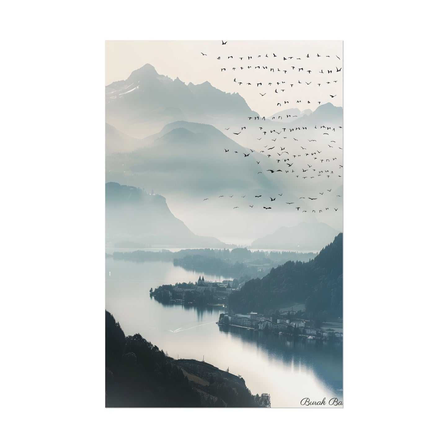 Serene Mountain Landscape: Bird's Eye View Art - Poster