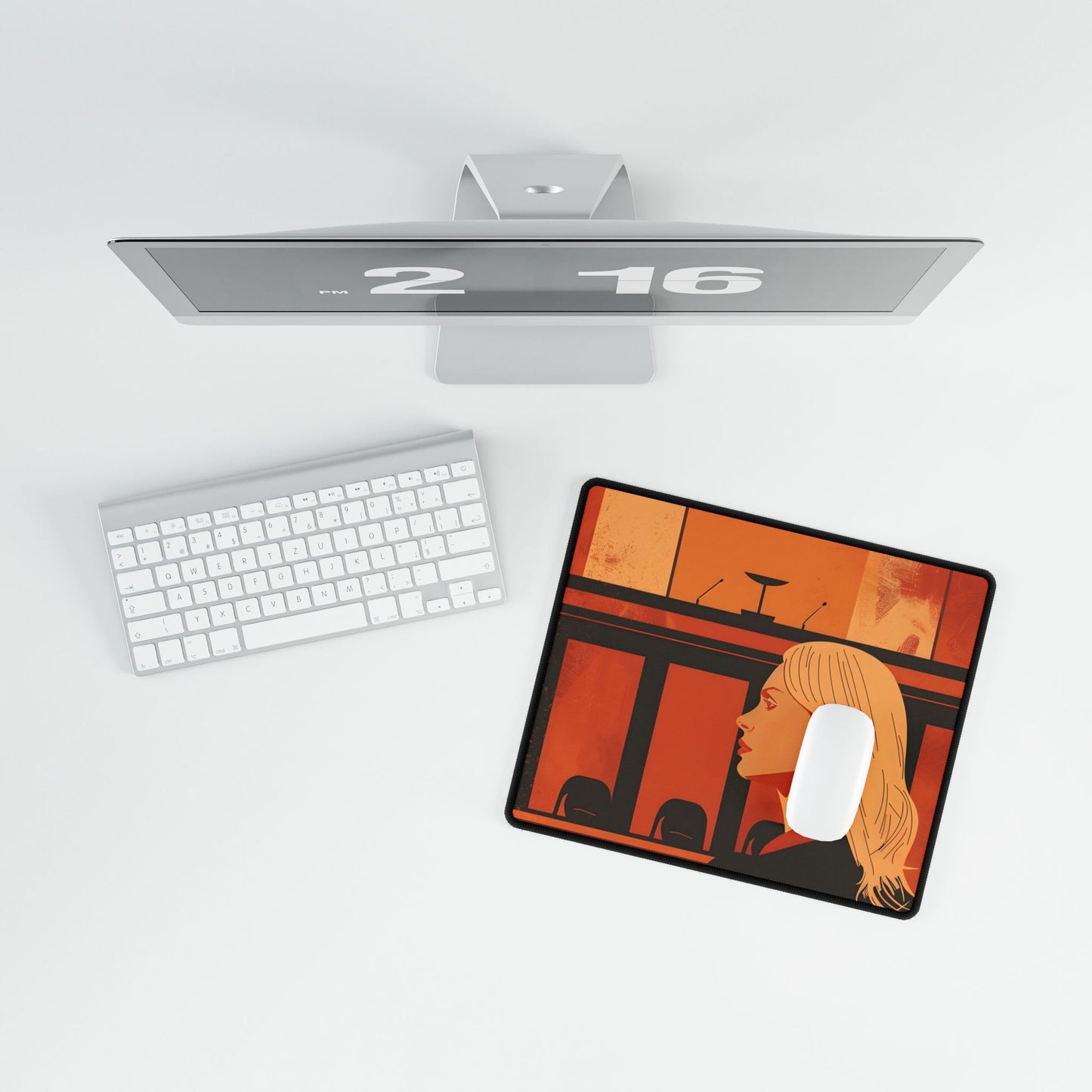 Blonde Woman in Black: Minimalist Portrait Art with a Vibrant Twist - Desk Mat
