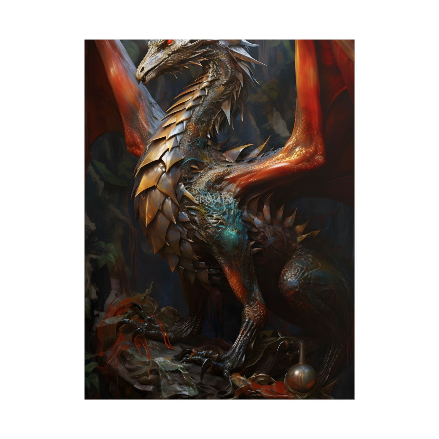 Fantasy Dragon Guardian Art: Ancient Dragon in its Lair - Poster