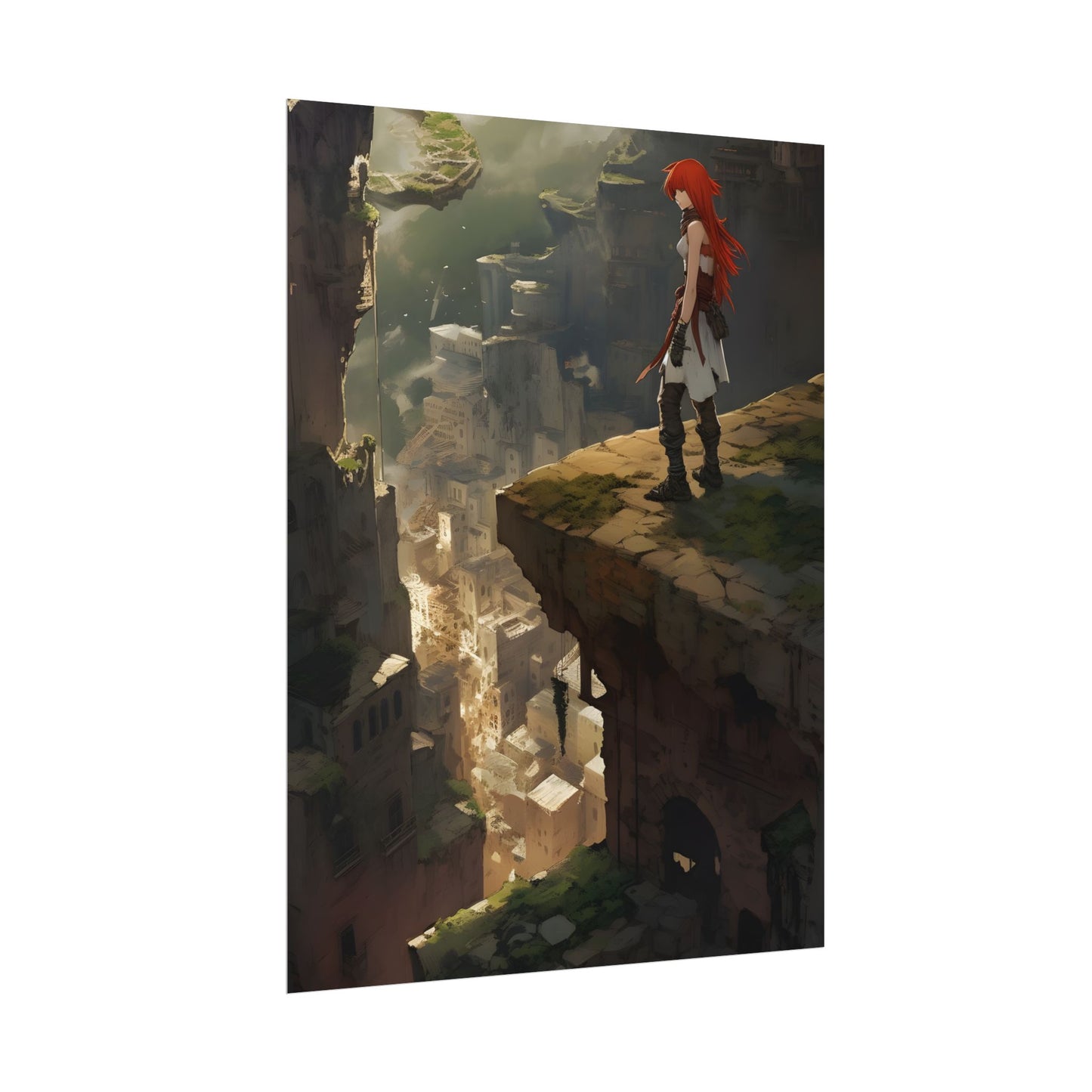 Anime Birds Eye View: Red Haired Female in Action Fantasy Scene - Poster