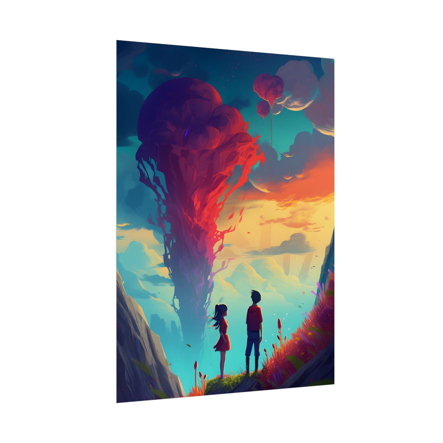 Peaceful Meadow Moment: A Girl and a Boy in Nature - Poster