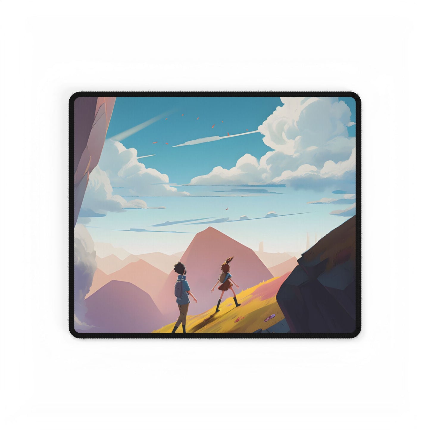 Young Boy and Girl on Cloudy Meadow: Outdoor Landscape Art - Desk Mat