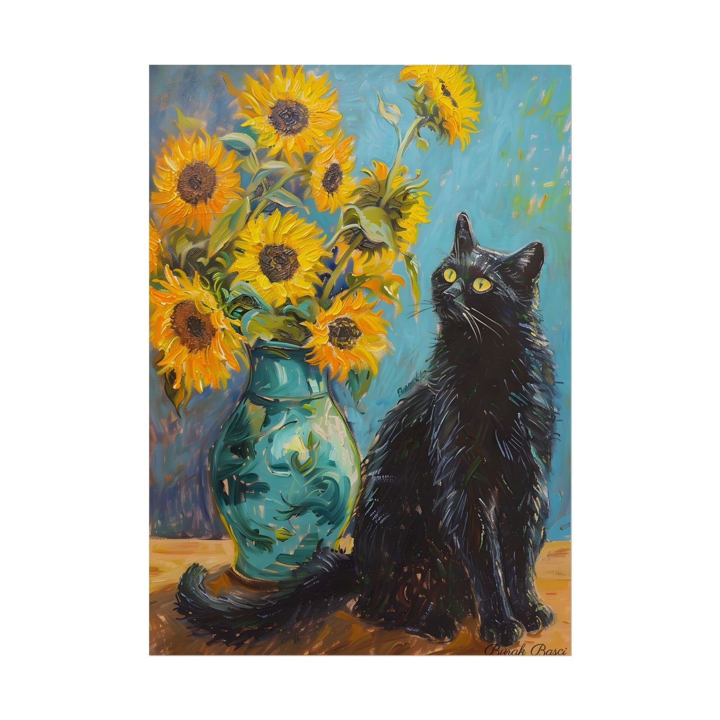 Whispers in the Garden: A Black Cat Among Sunflowers - Poster