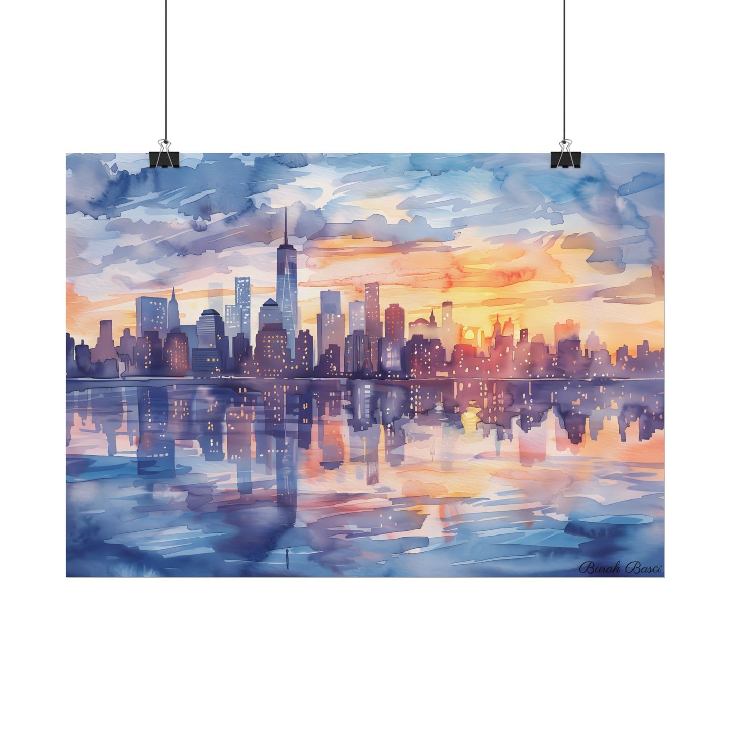 Watercolor New York City Sunset Skyline: Artistic NYC View - Poster
