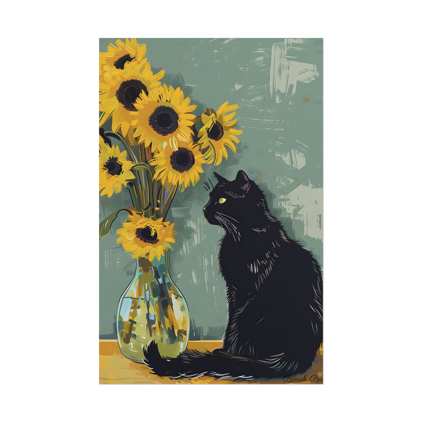 Whispers in the Sun: A Black Cat's Serene Moment with Sunflowers - Poster