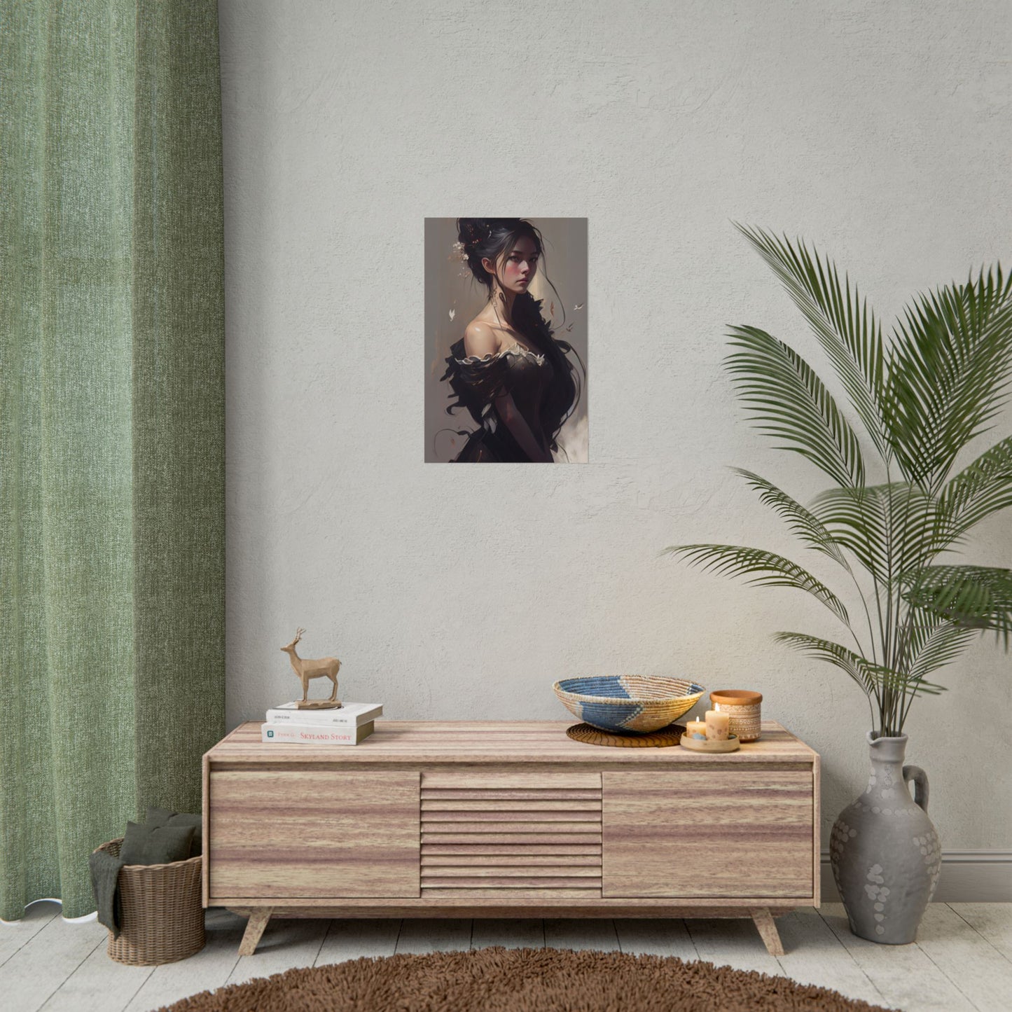 Elegant Black Hair Portrait: Beautiful Female in Dress Art - Poster