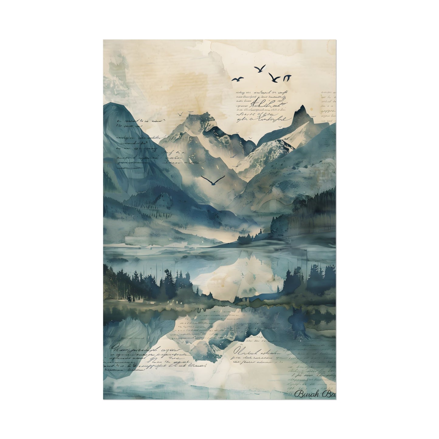 Serene Mountain Landscape: Wildlife Art with Birds in Flight - Poster