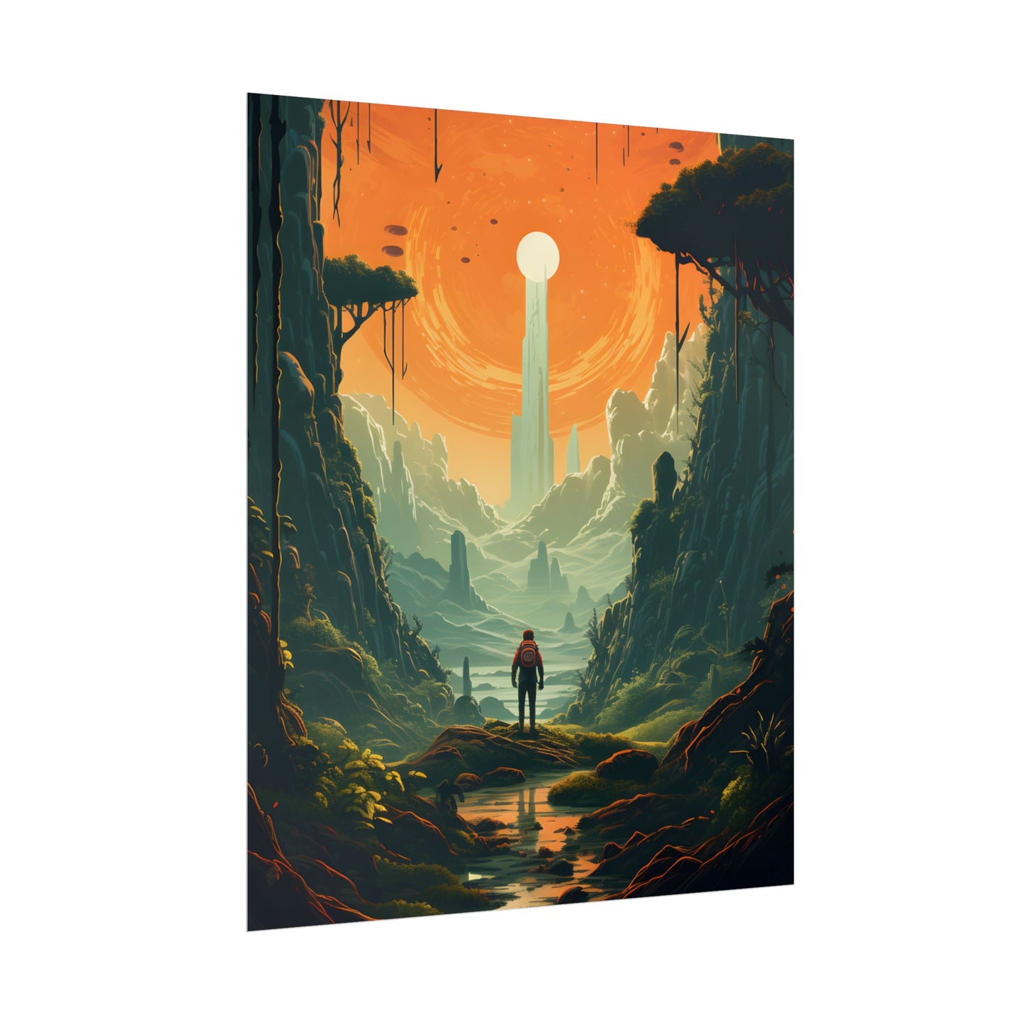 Futuristic Wilderness Explorer: Solo Discovery in Sci-Fi Terrain - Poster