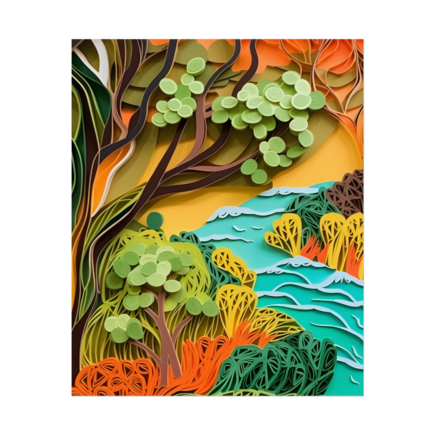 African Paper Quilled Landscape: Artwork in Brown and Green - Poster