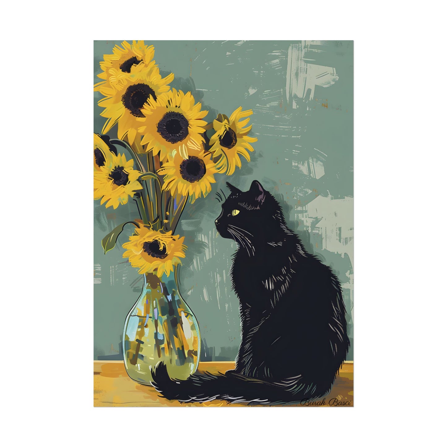 Whispers in the Sun: A Black Cat's Serene Moment with Sunflowers - Poster