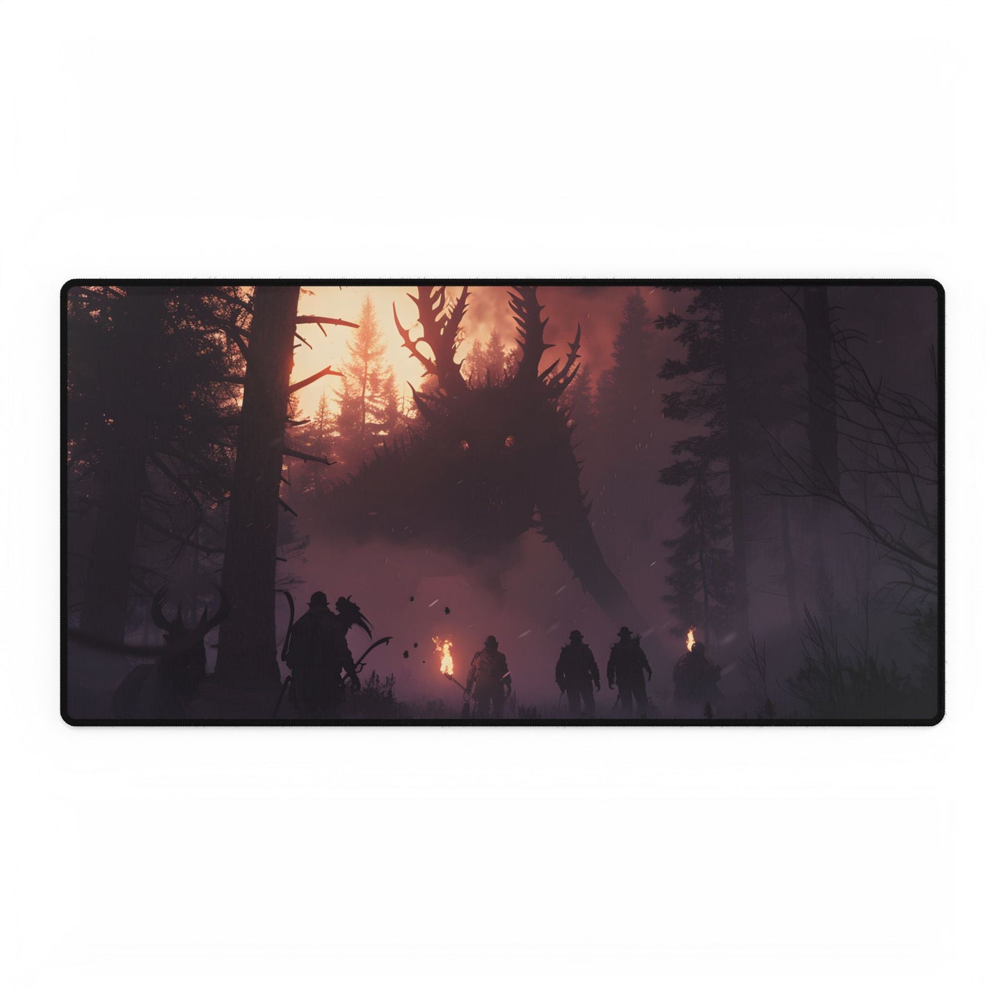 Serene Forest Sunset: Group Walking Through Misty Landscape - Desk Mat
