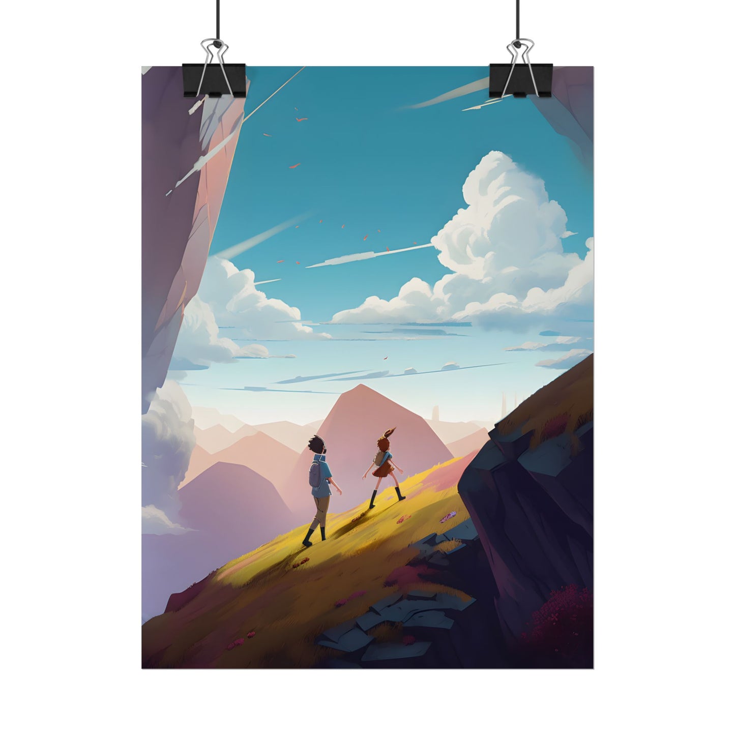 Young Boy and Girl on Cloudy Meadow: Outdoor Landscape Art - Poster