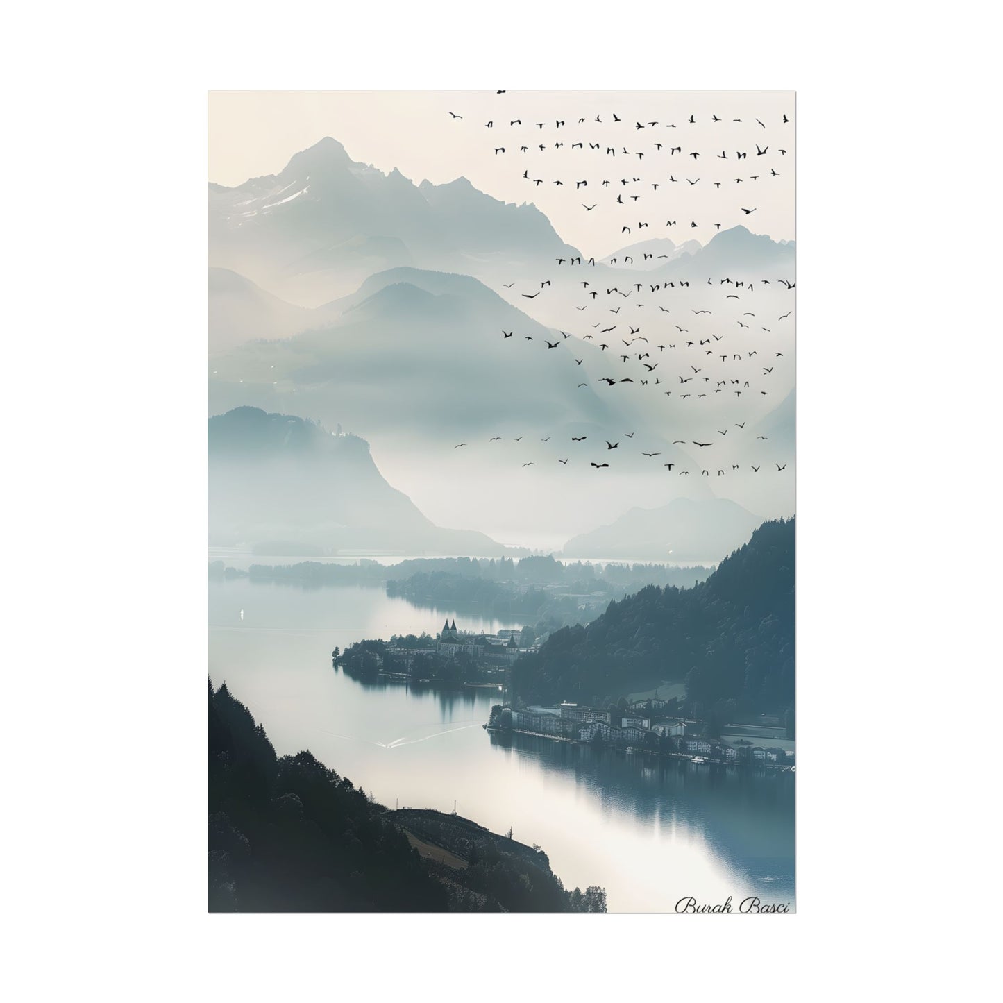 Serene Mountain Landscape: Bird's Eye View Art - Poster