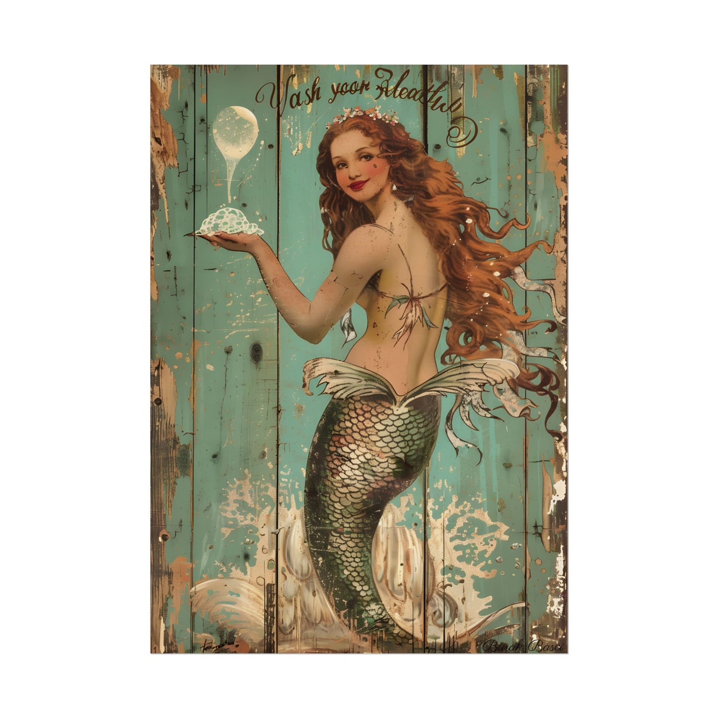 Whimsical Vintage Mermaid: A Soap Bubble Serenade - Poster