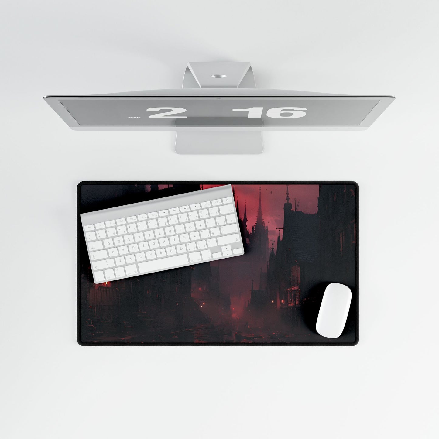 Dark Gothic Cityscape: A Serene Misty Dusk Scene - Desk Mat