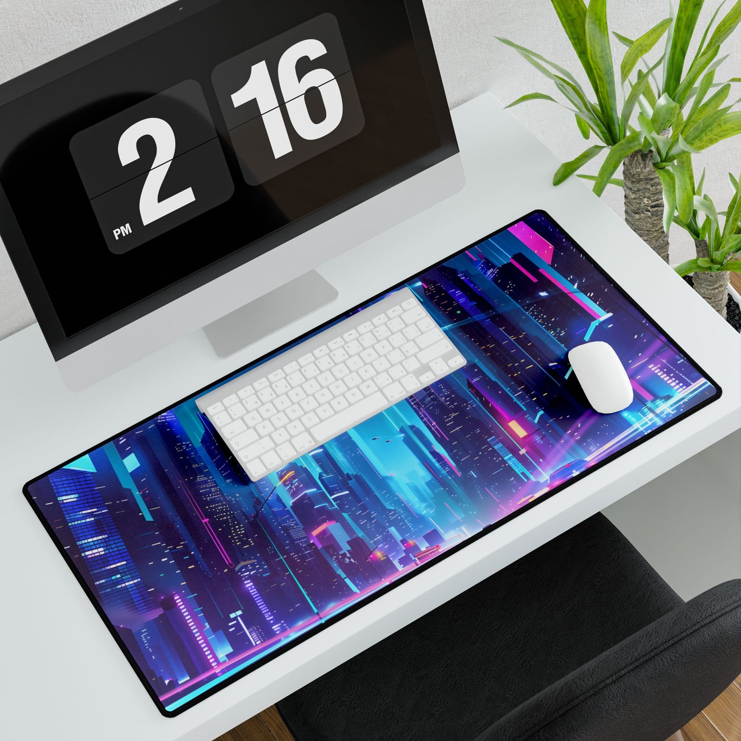 Futuristic Neon City: Towering Skyscrapers in a Vibrant Nighttime Sky - Desk Mat
