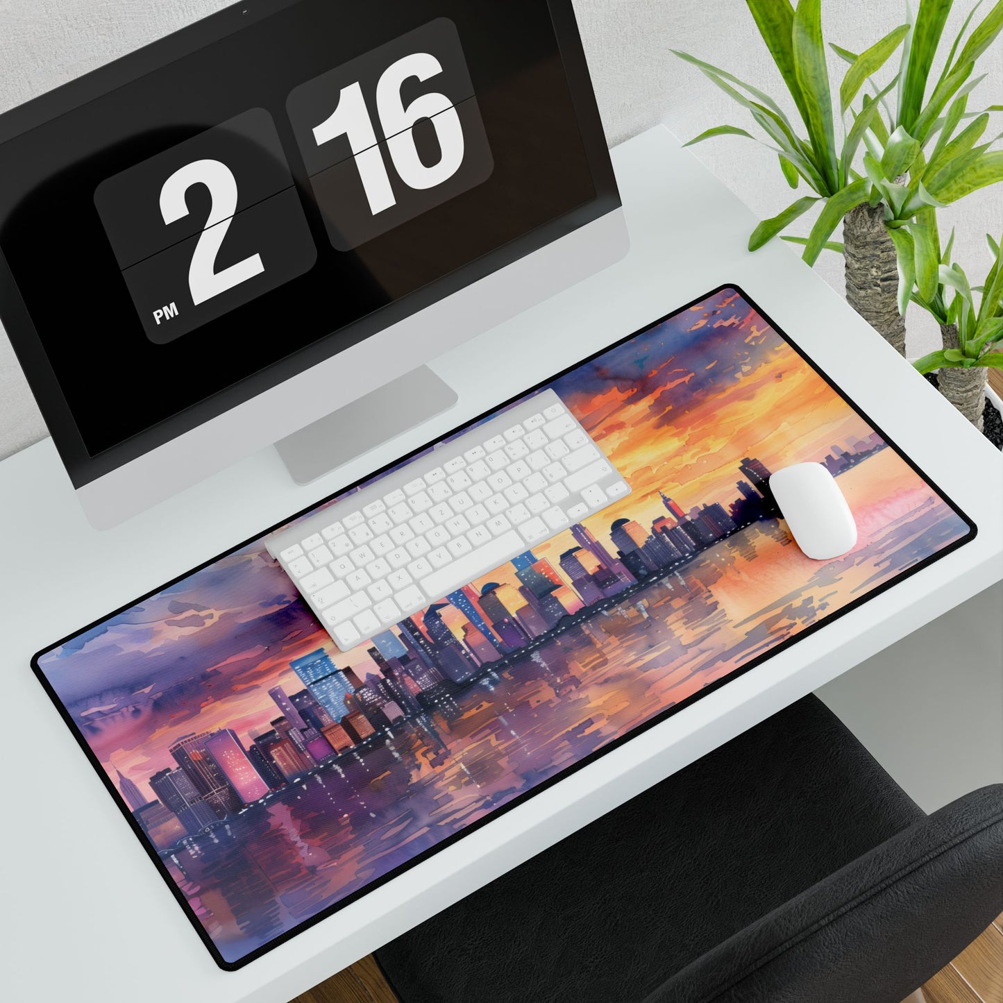 Serene NYC Sunset: Watercolor Skyline Reflections - Desk Mat