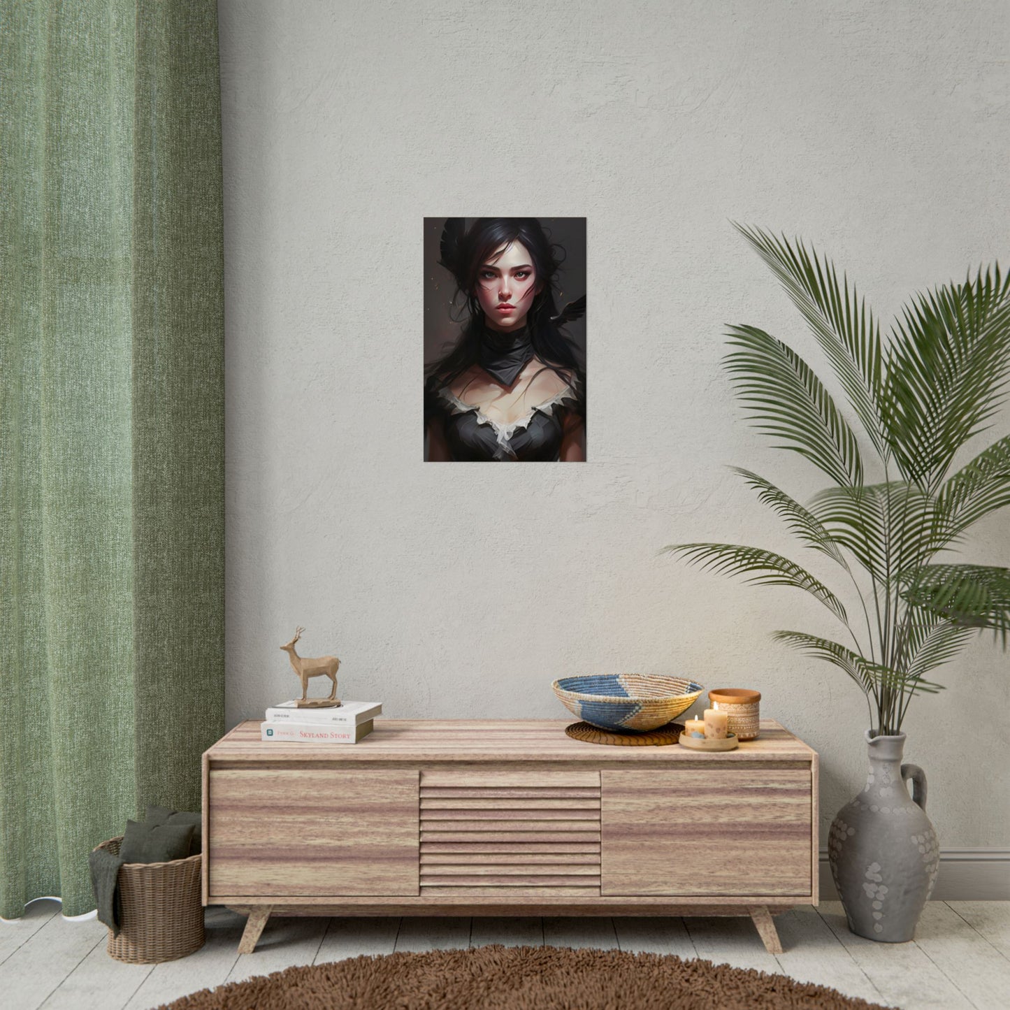 Female Portrait: Black Hair Artwork in Dark Background - Poster