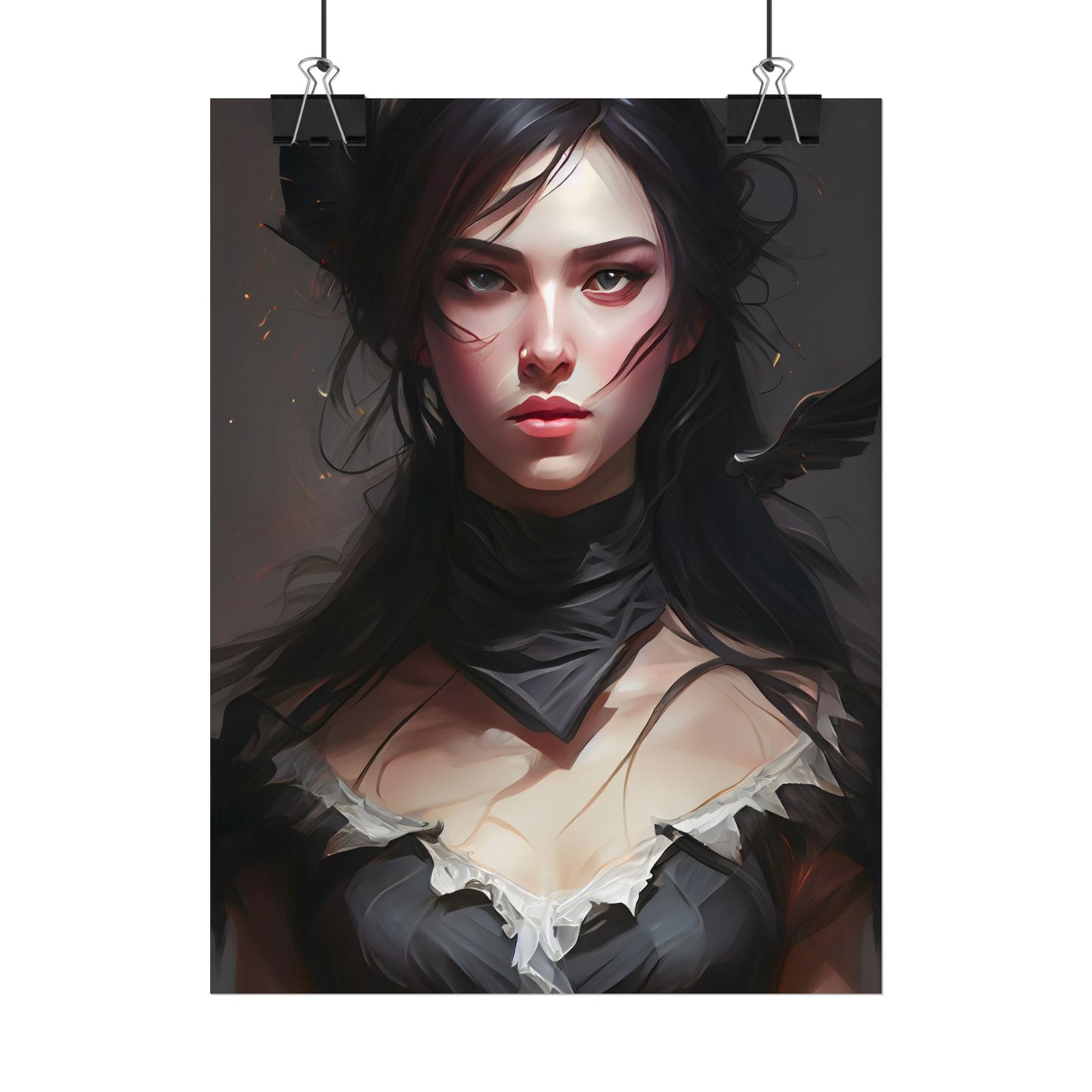 Female Portrait: Black Hair Artwork in Dark Background - Poster