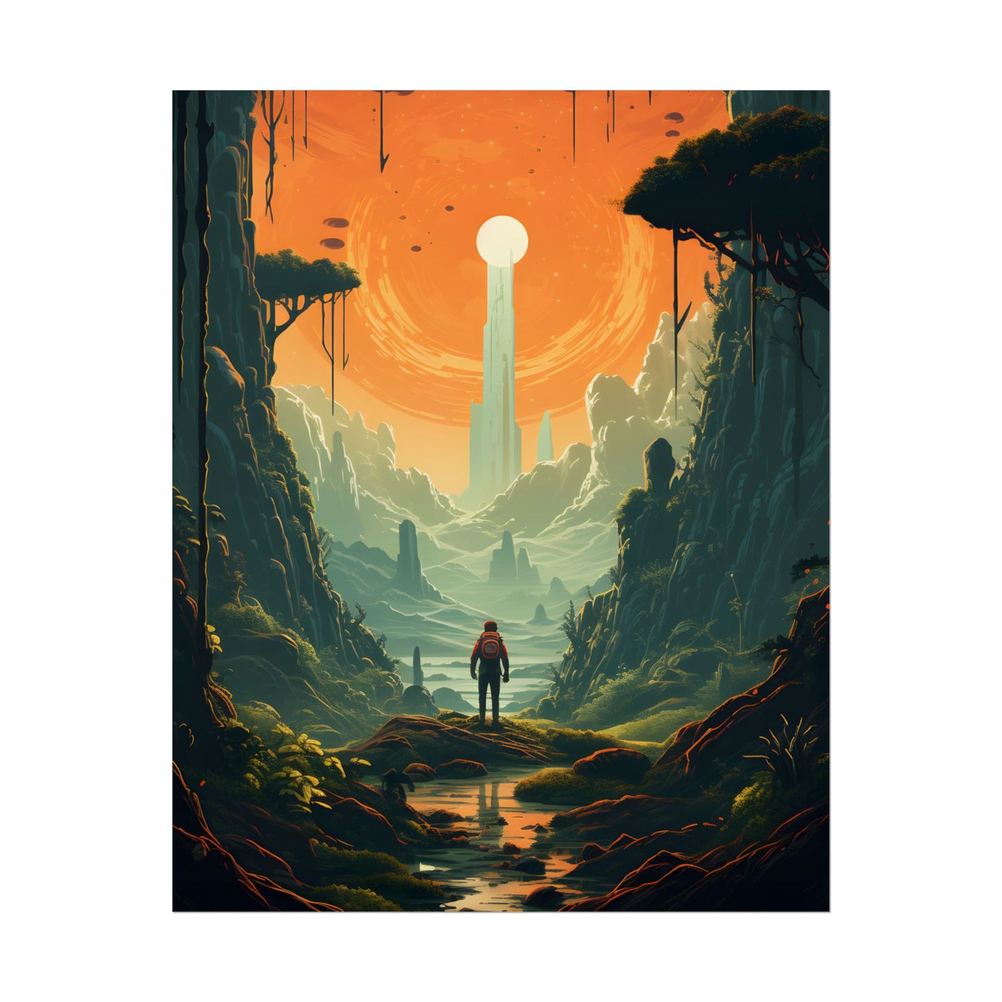 Futuristic Wilderness Explorer: Solo Discovery in Sci-Fi Terrain - Poster