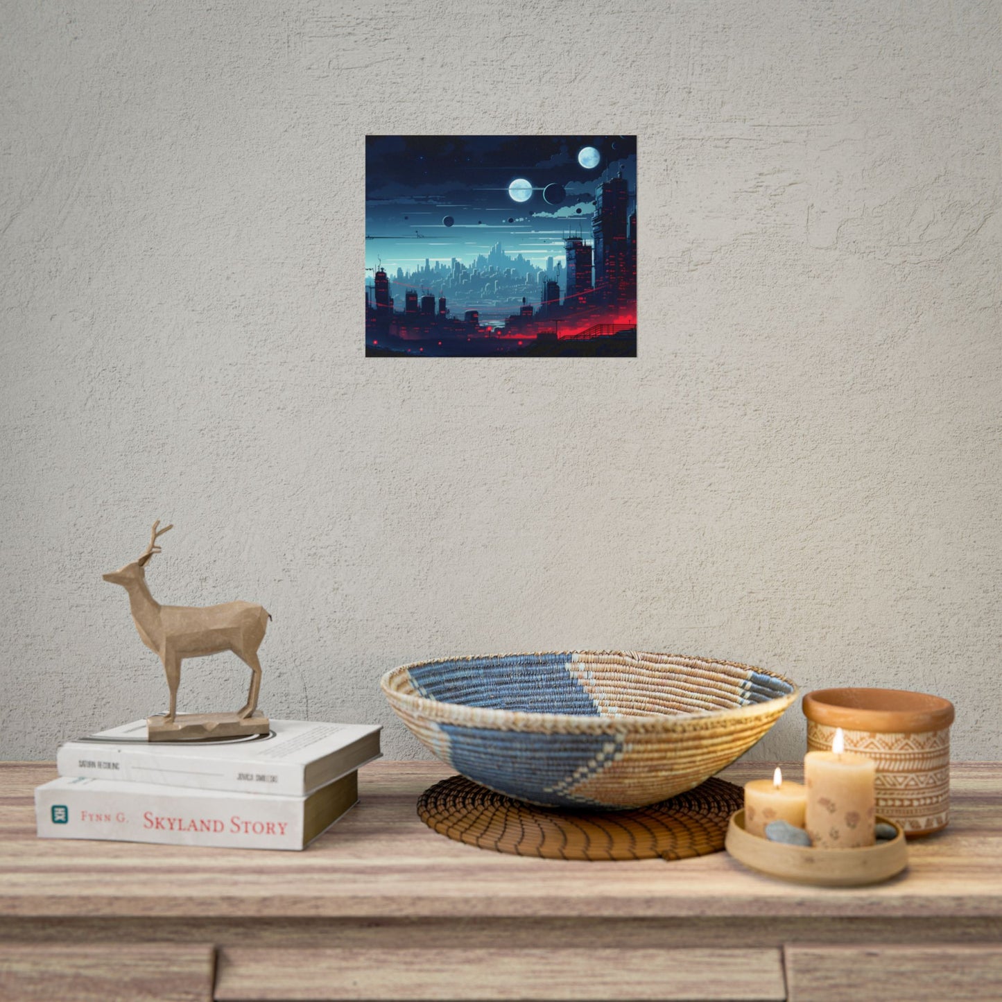 Burning Cyberpunk Cityscape at Night: Landscape Digital Art - Poster